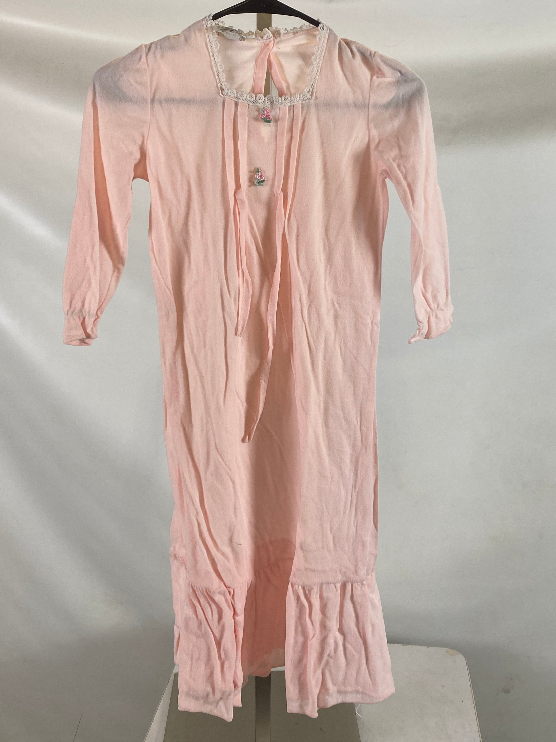 Vintage 1979 "Loungees" Pink Nylon Children's Nightgown with Rose Details Size 8