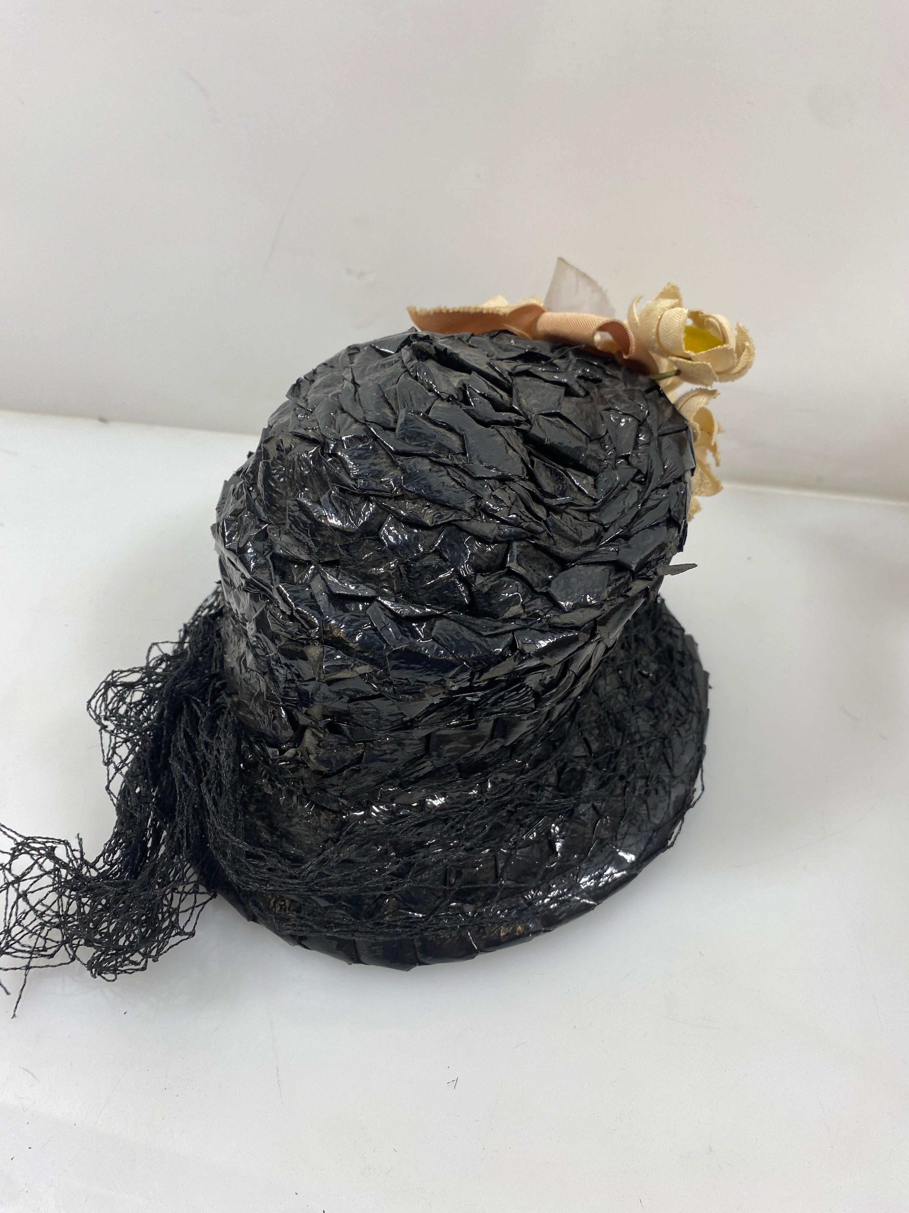 Vintage Black Straw Hat with Flower Details