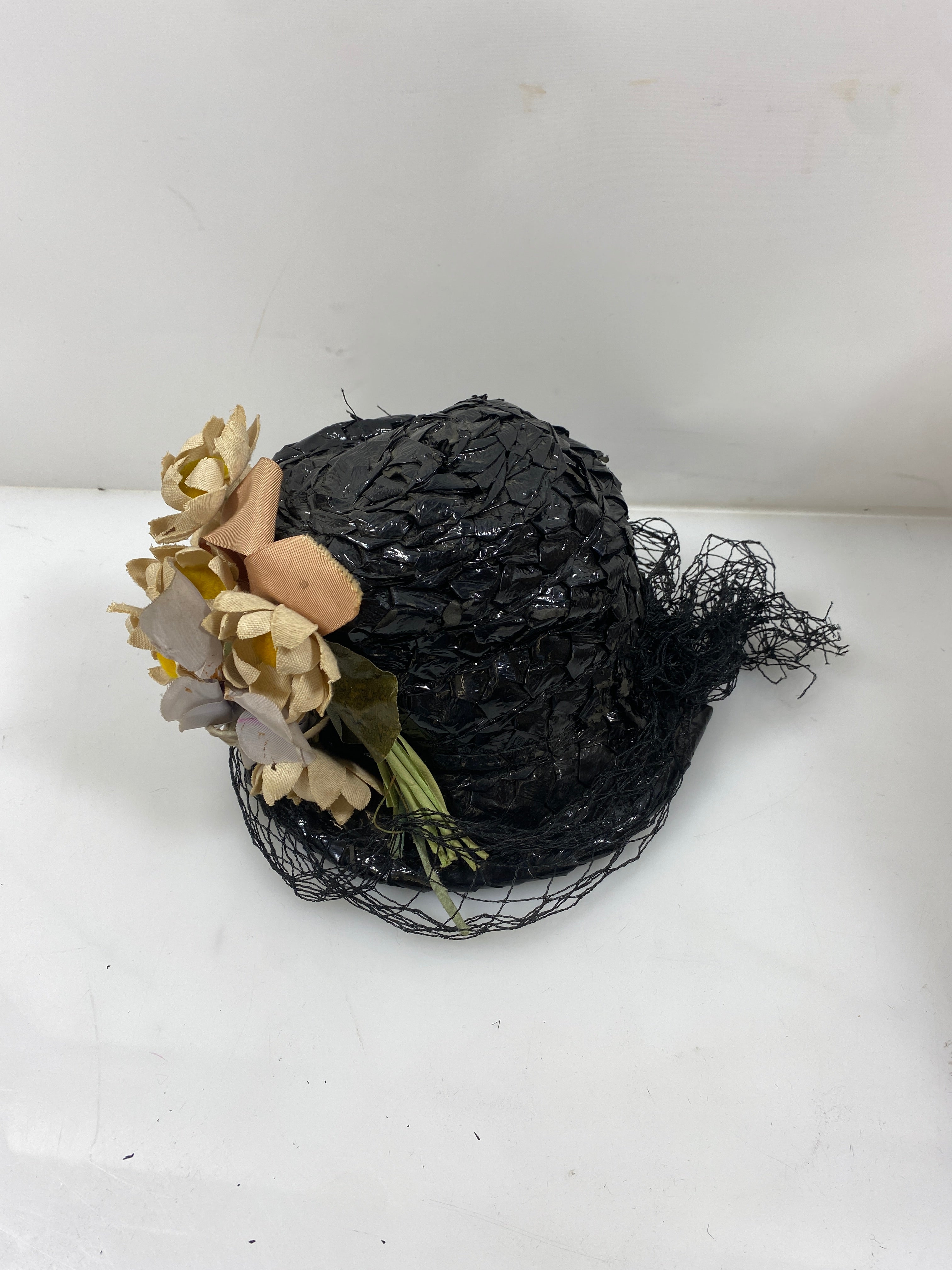 Vintage Black Straw Hat with Flower Details