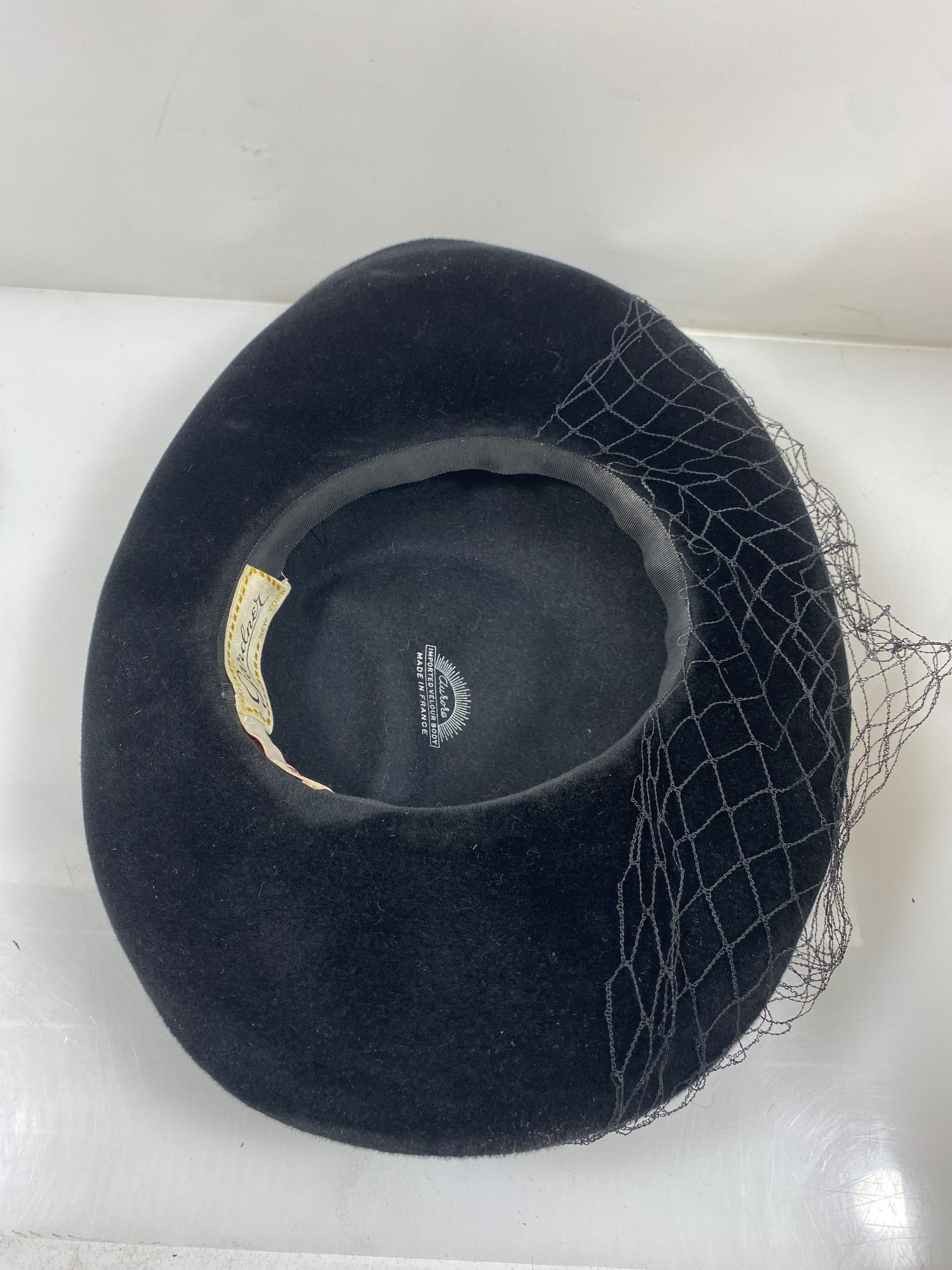 Vintage Black Velour Wide Brimmed Hat with Veil Detail