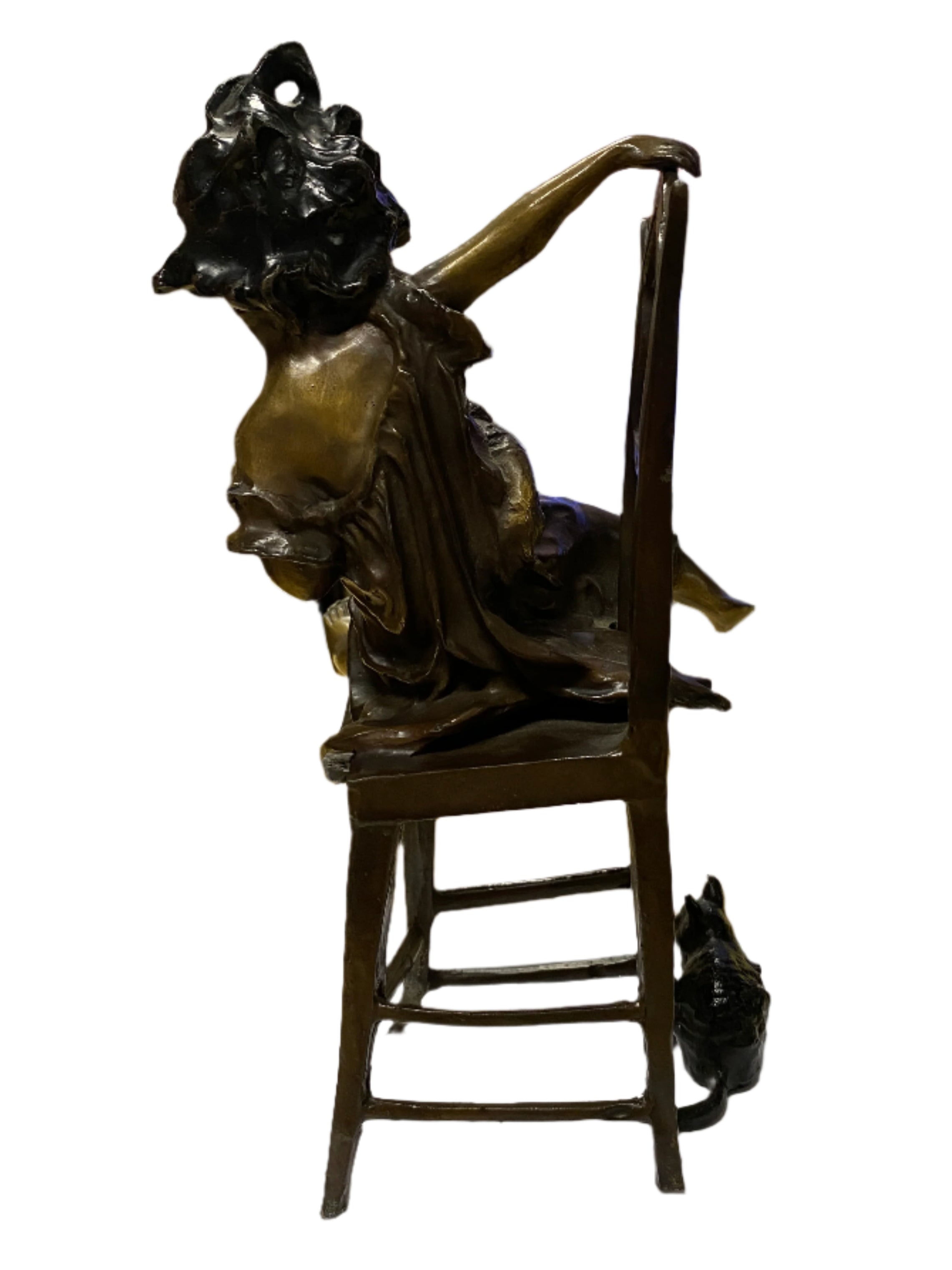 Vintage Bronze Girl and Cat Figurine
