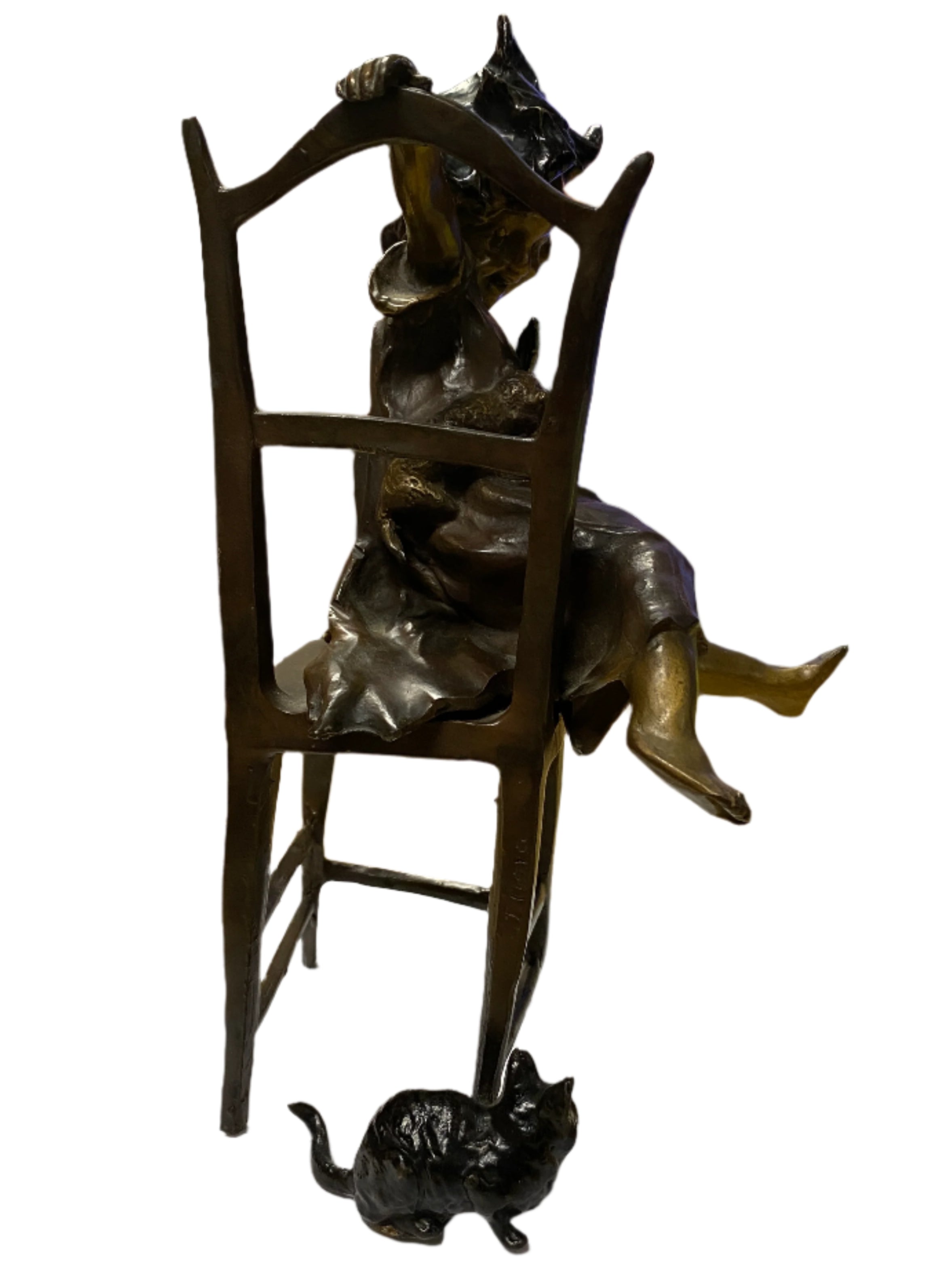 Vintage Bronze Girl and Cat Figurine