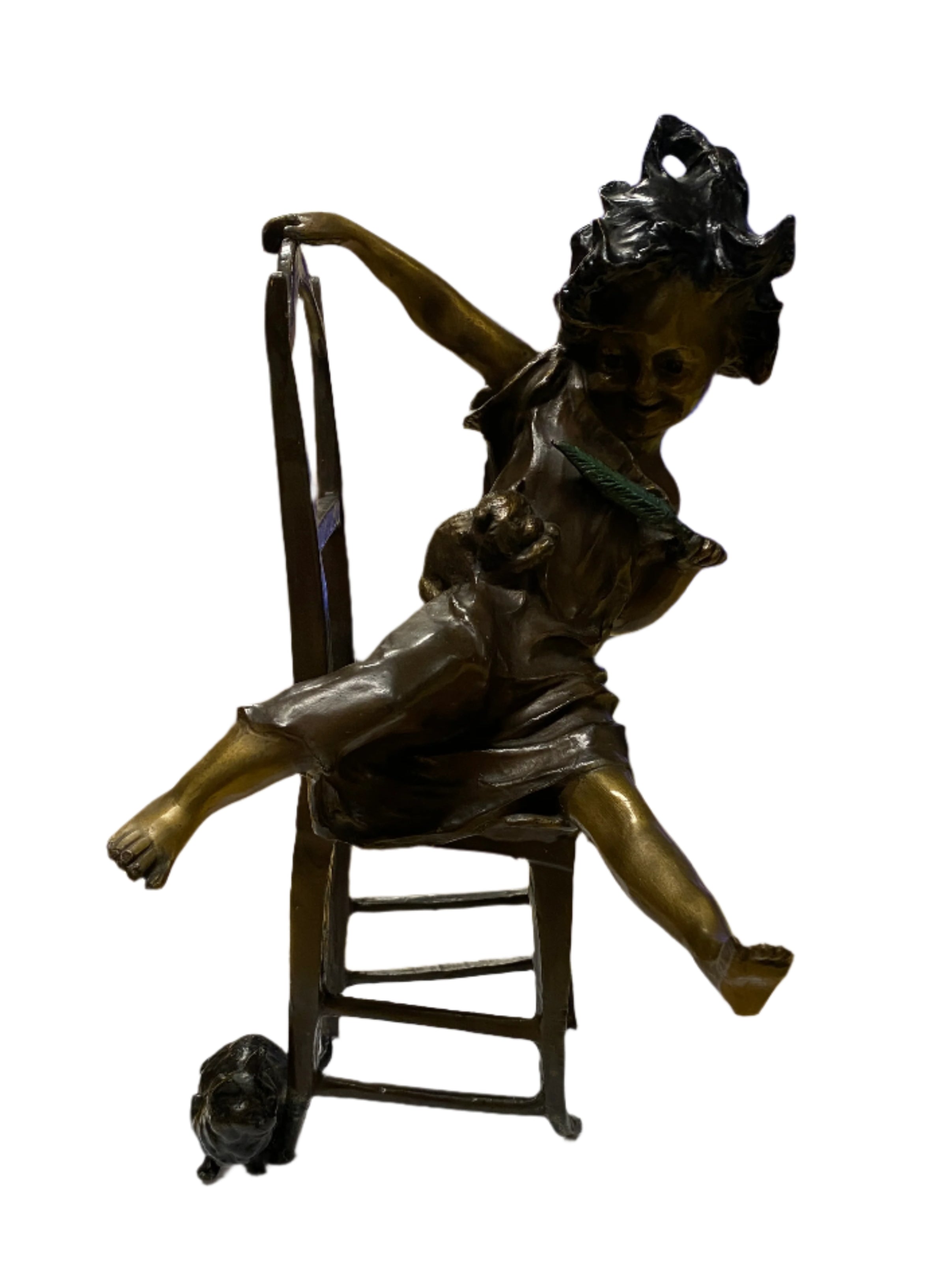 Vintage Bronze Girl and Cat Figurine