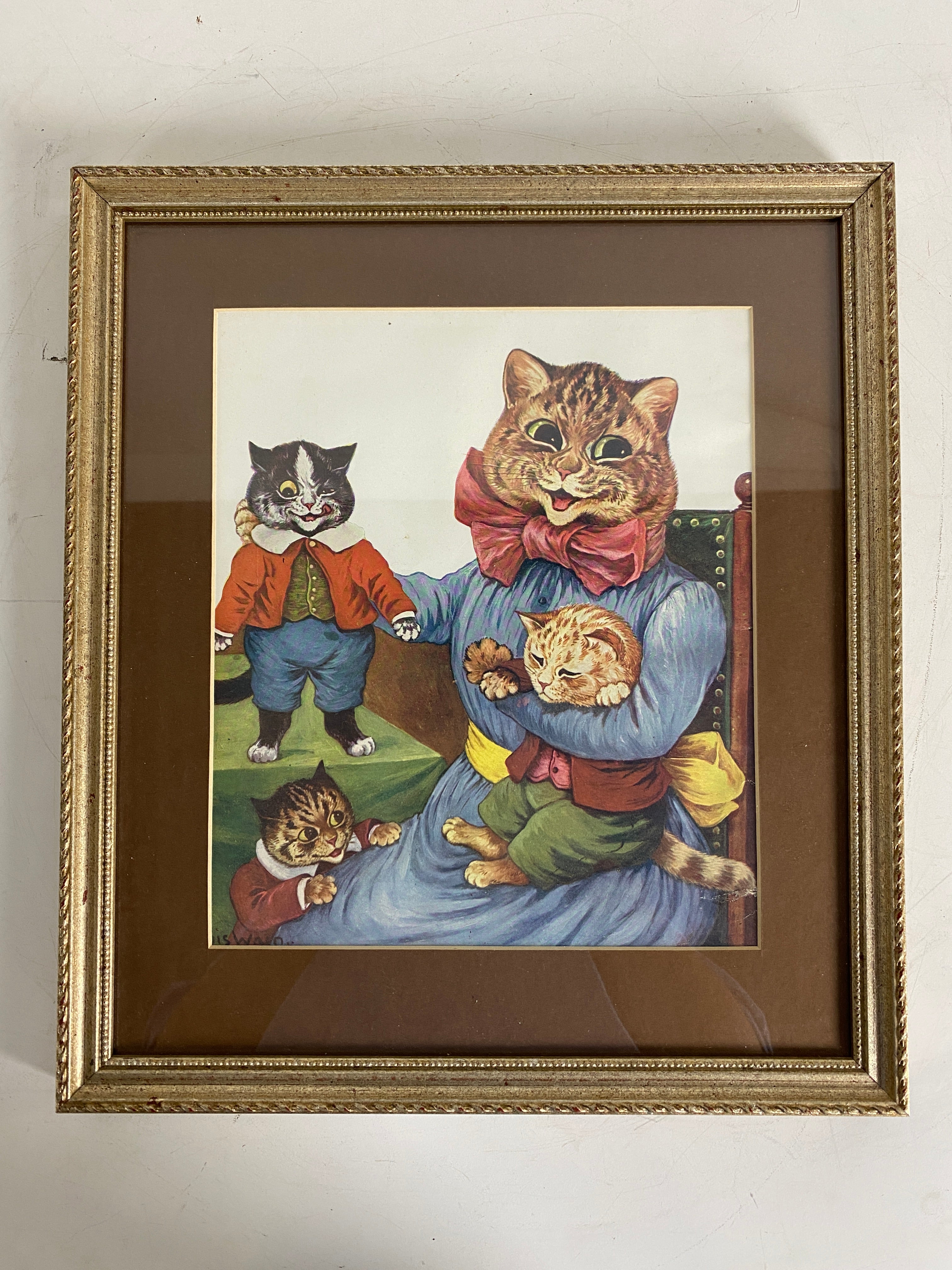 Vintage Cat Mom with her Three Kittens Framed Drawing