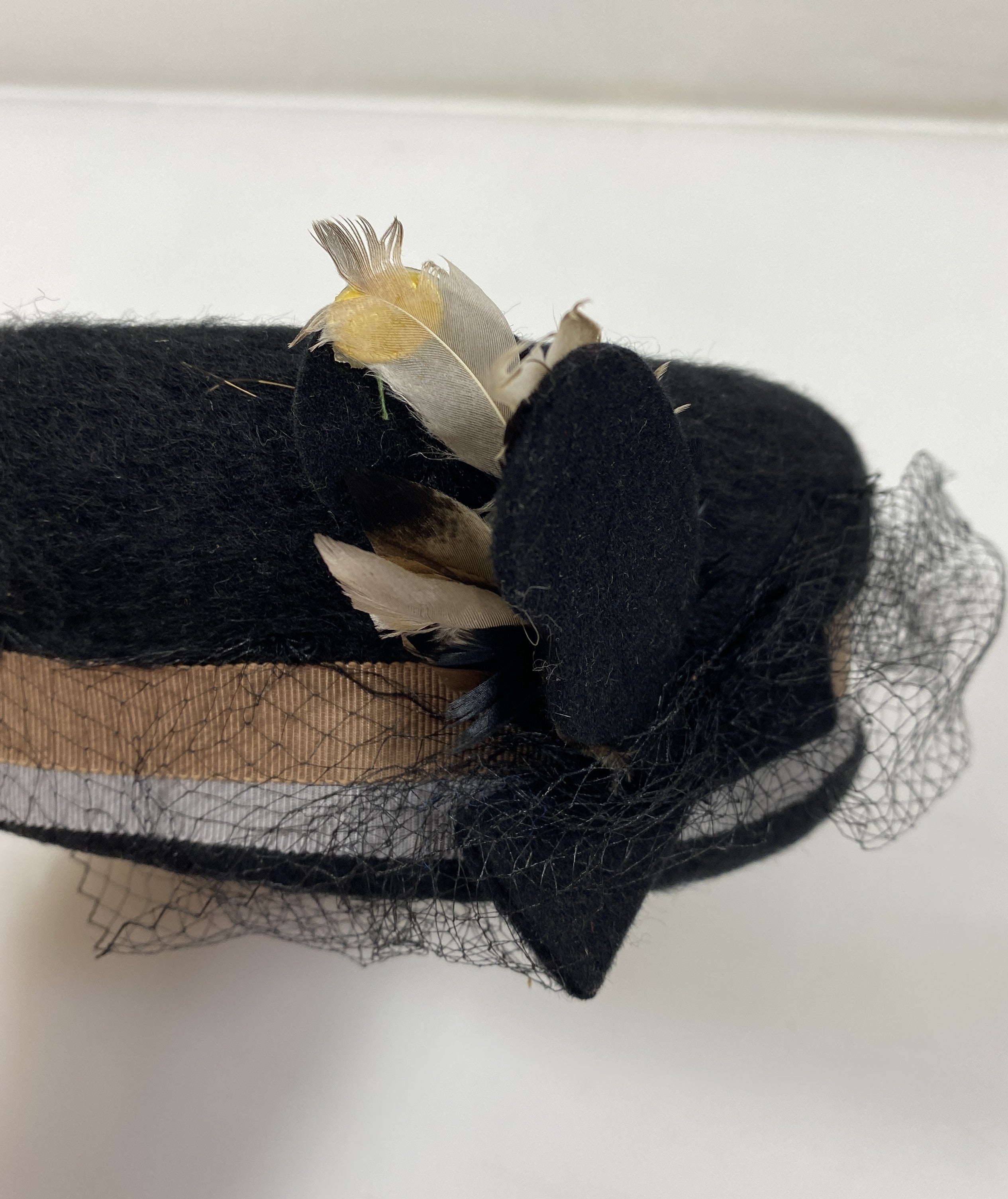 Vintage Chafeaux Louise Black Fur Pillbox Hat with Veil Detail
