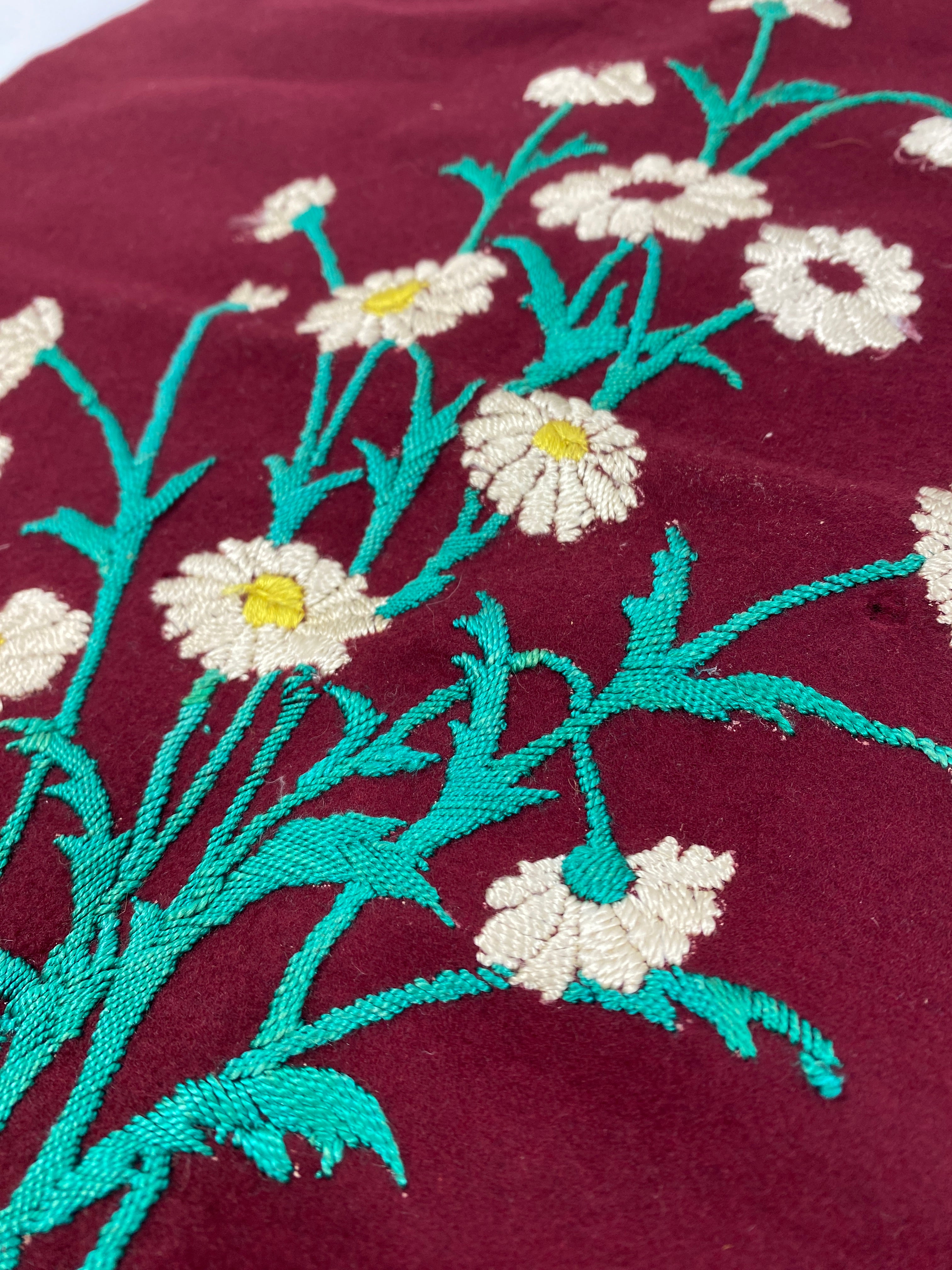 Vintage Floral Embroidery on Red Wool