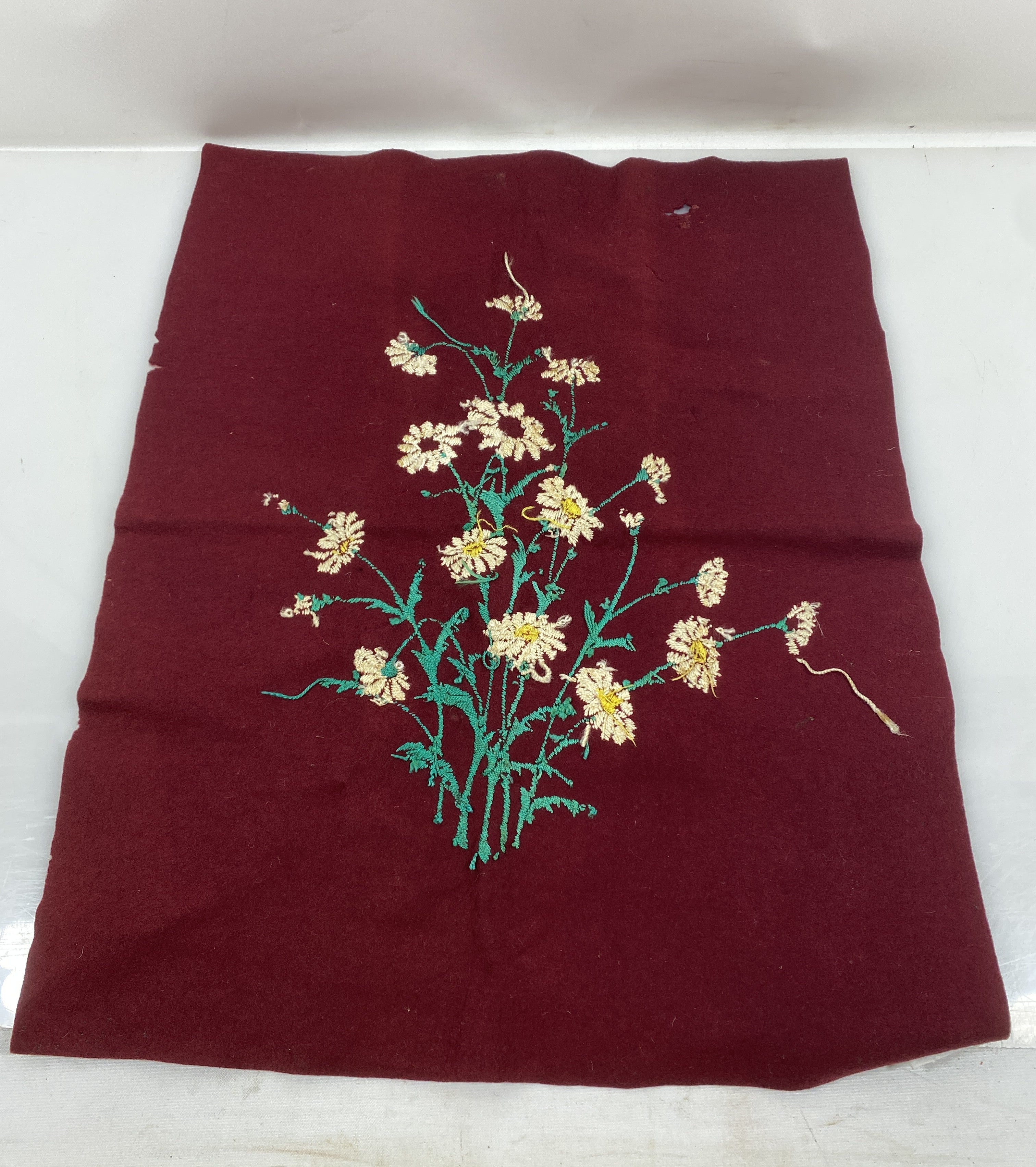 Vintage Floral Embroidery on Red Wool