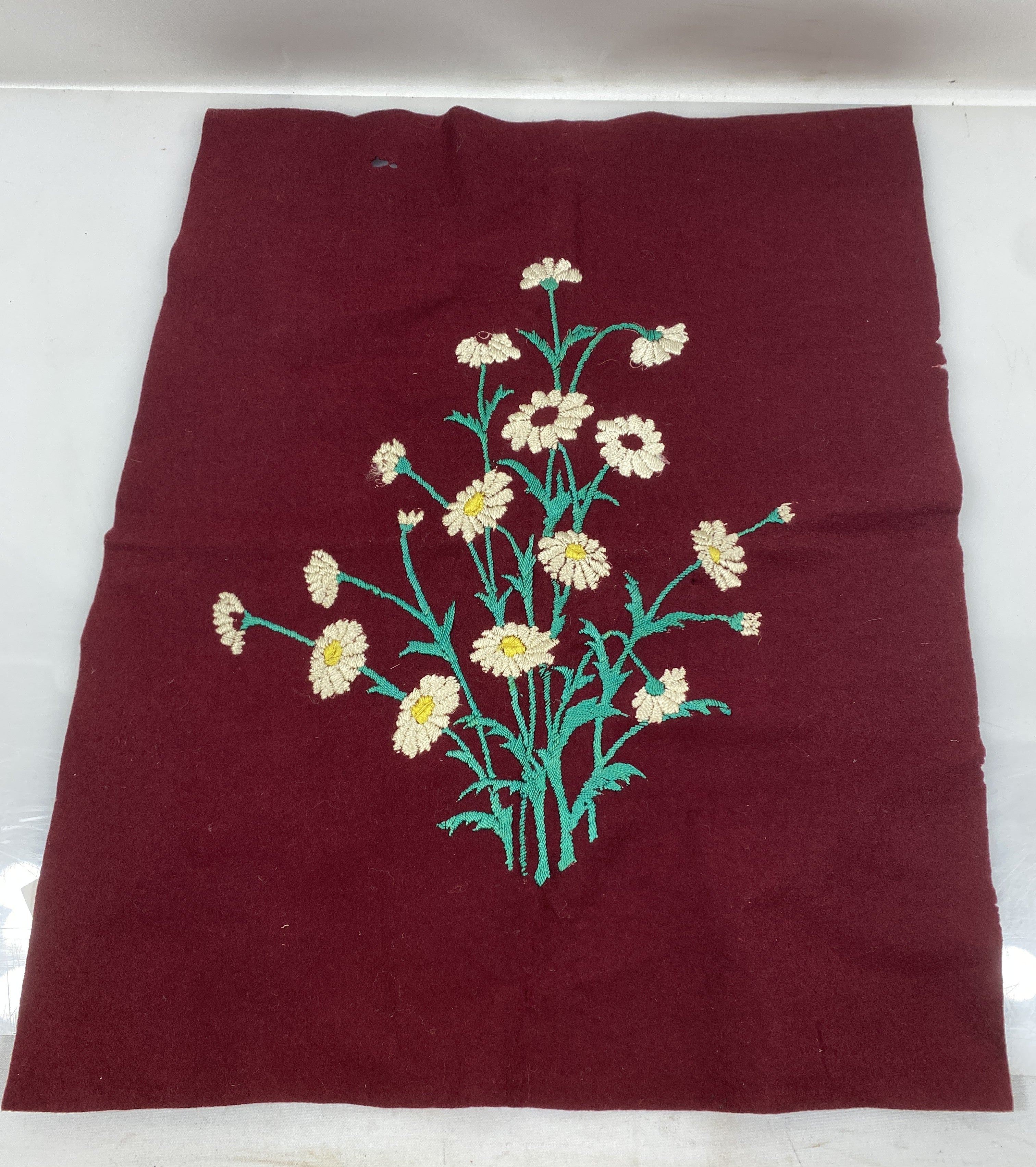 Vintage Floral Embroidery on Red Wool