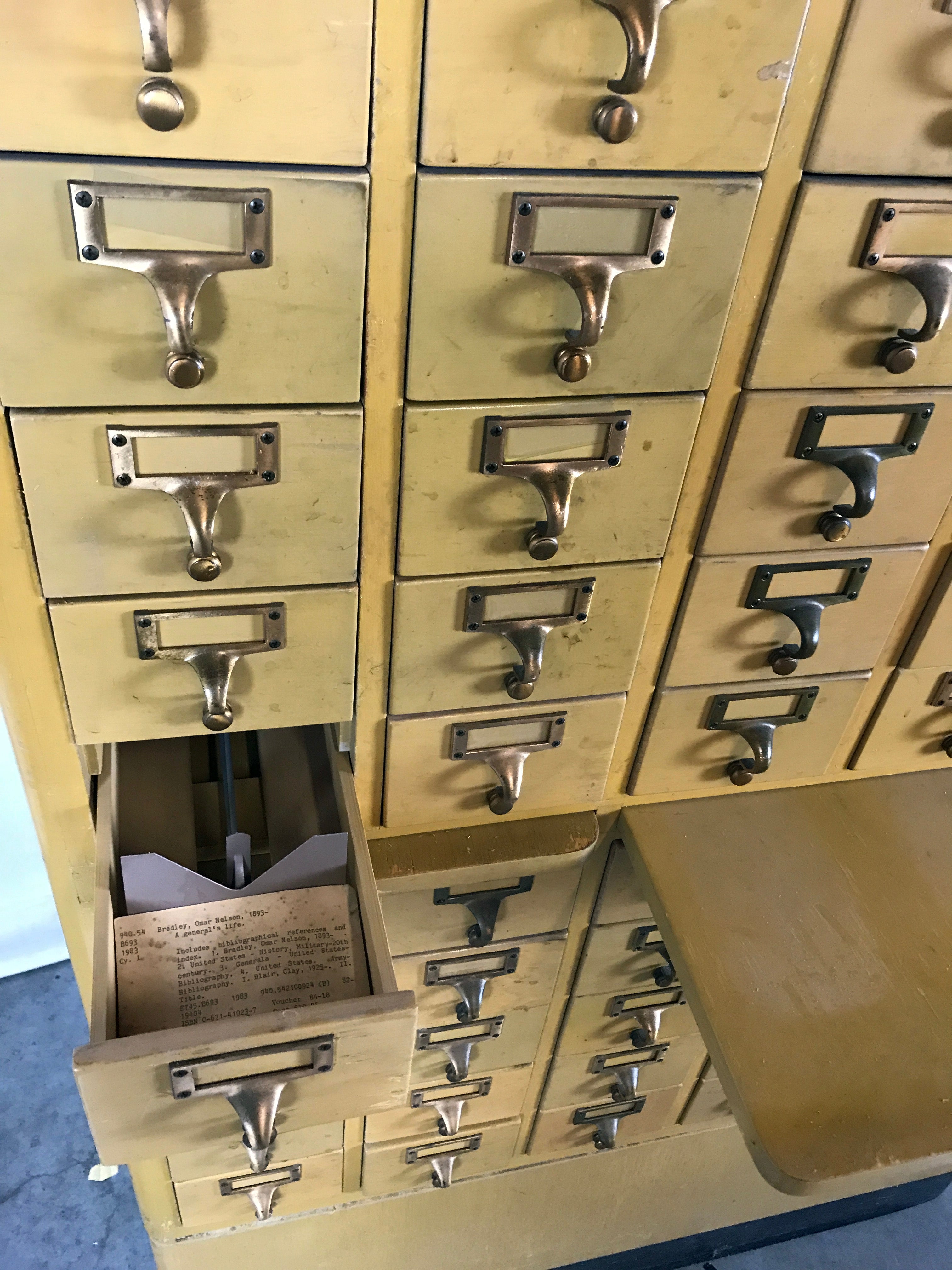 Vintage Gaylord Bros. 60-Drawer Library Card Catalog with Detroit Arsenal Badges