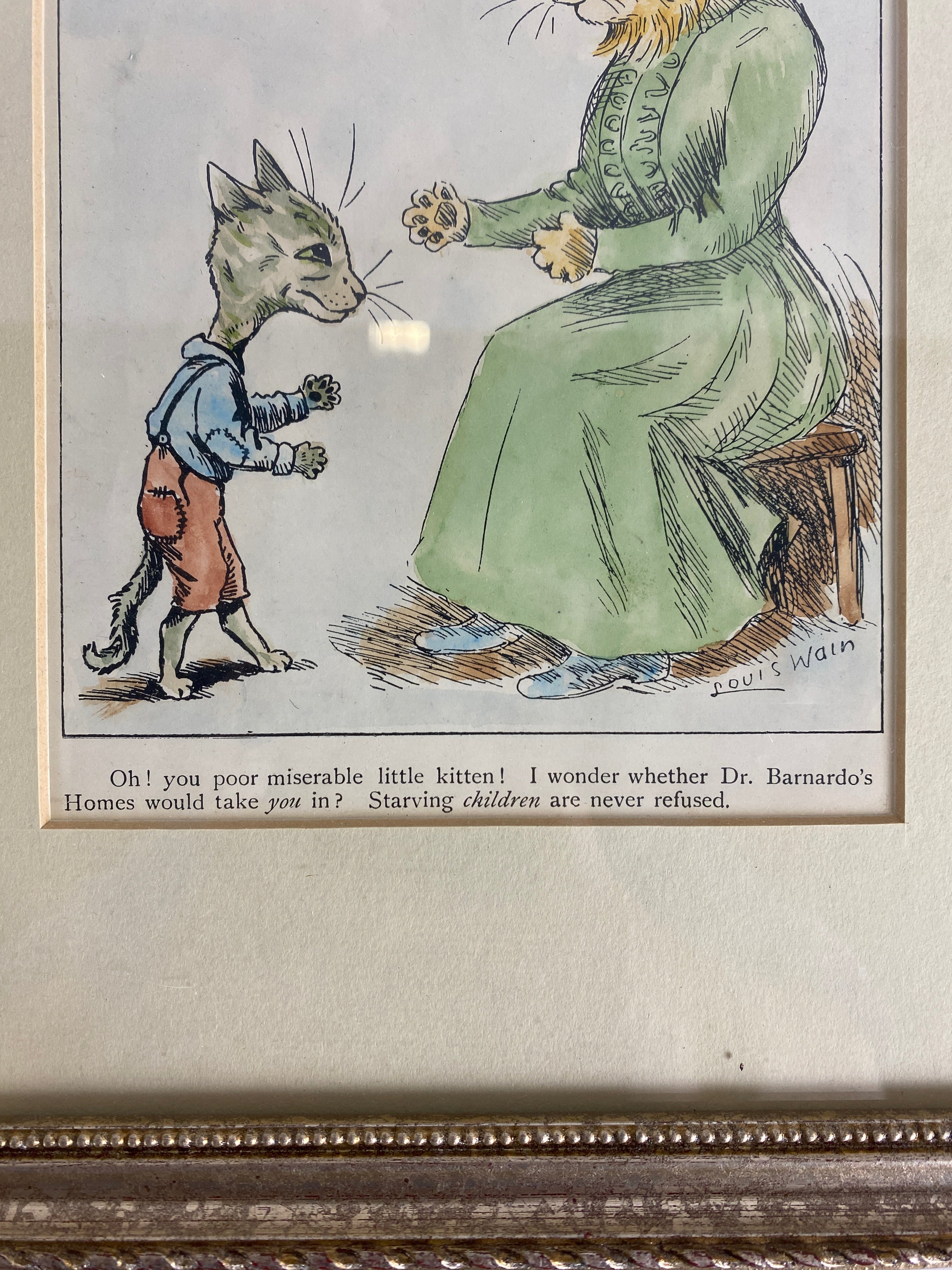 Vintage Hand Drawn Orphanage Helping a Kitten Framed Drawing