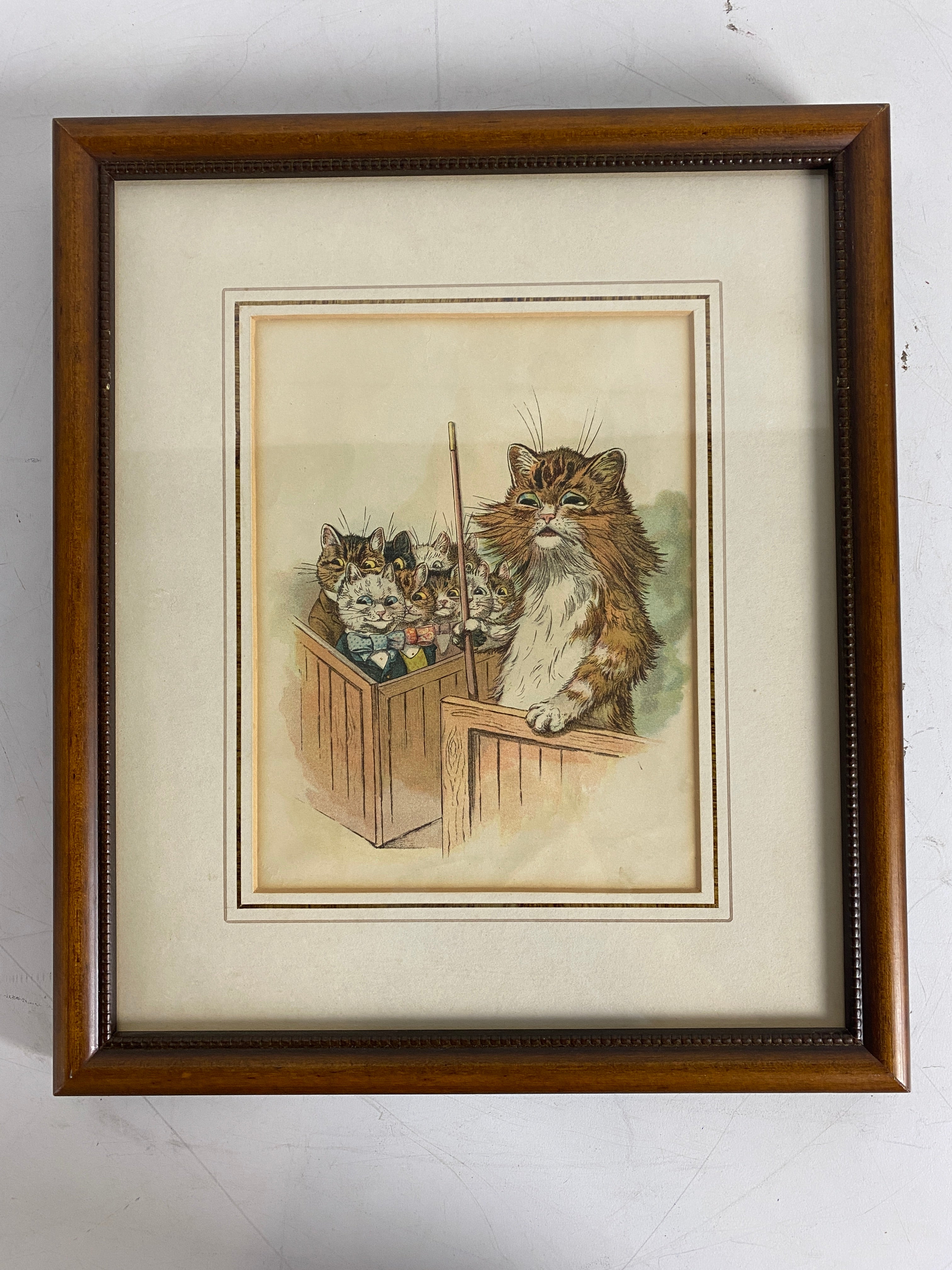 Vintage Hand Drawn Teacher Cat with Student Kittens Framed Drawing