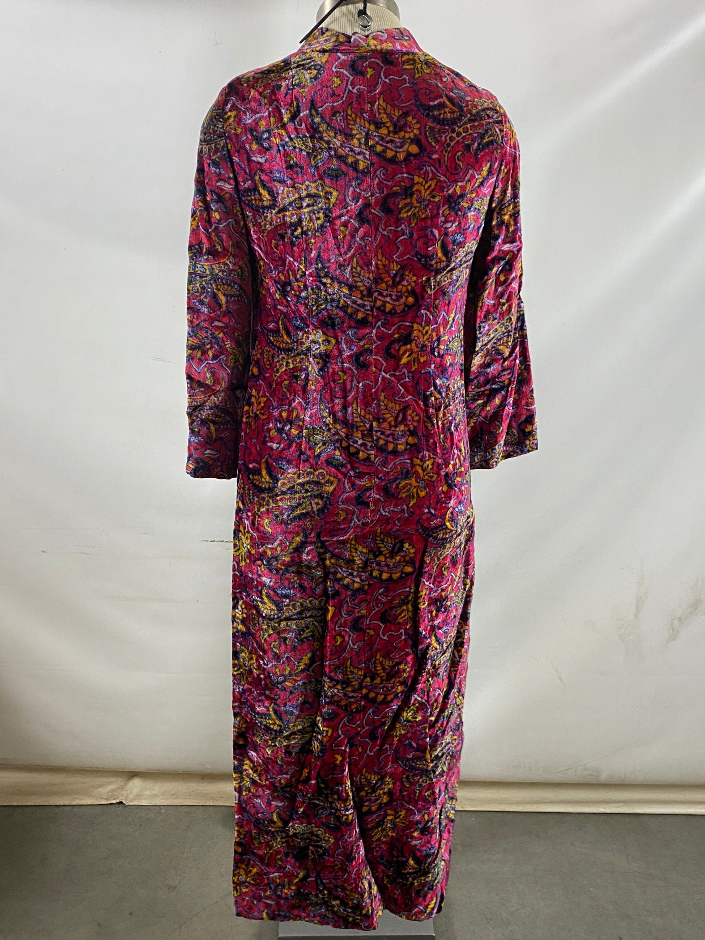 Vintage Late 1960s Pink Paisley Print Velvet Dress with Bell Sleeves Size Unknown