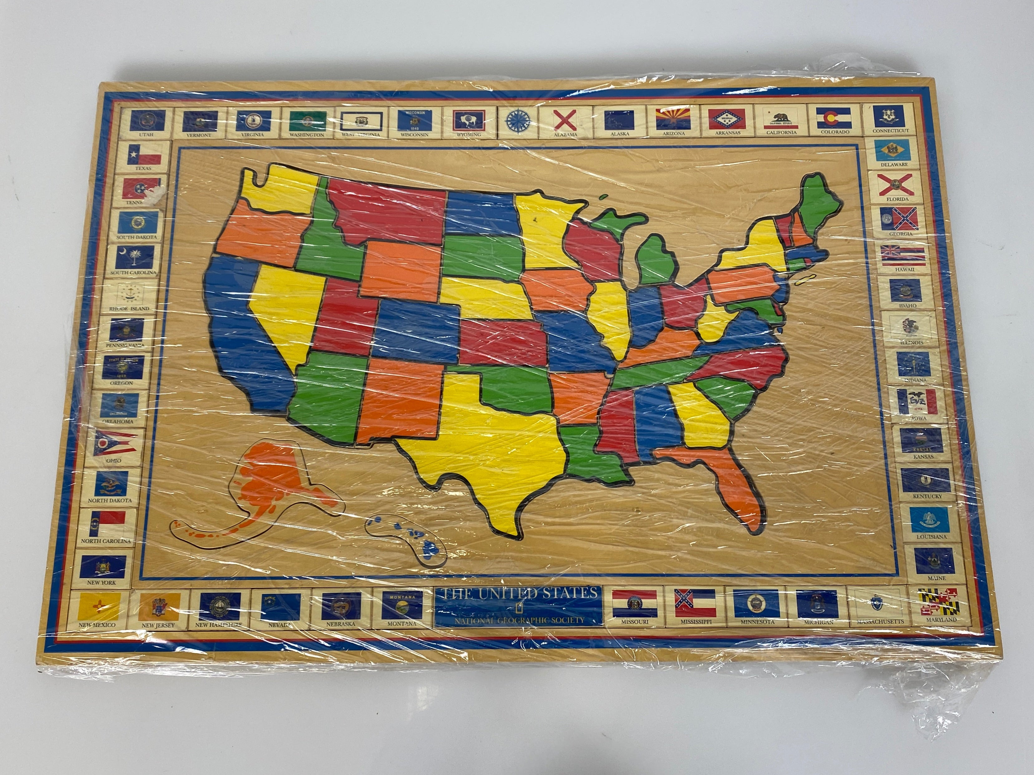 Vintage National Geographic Society United States and Flags Wooden Puzzle