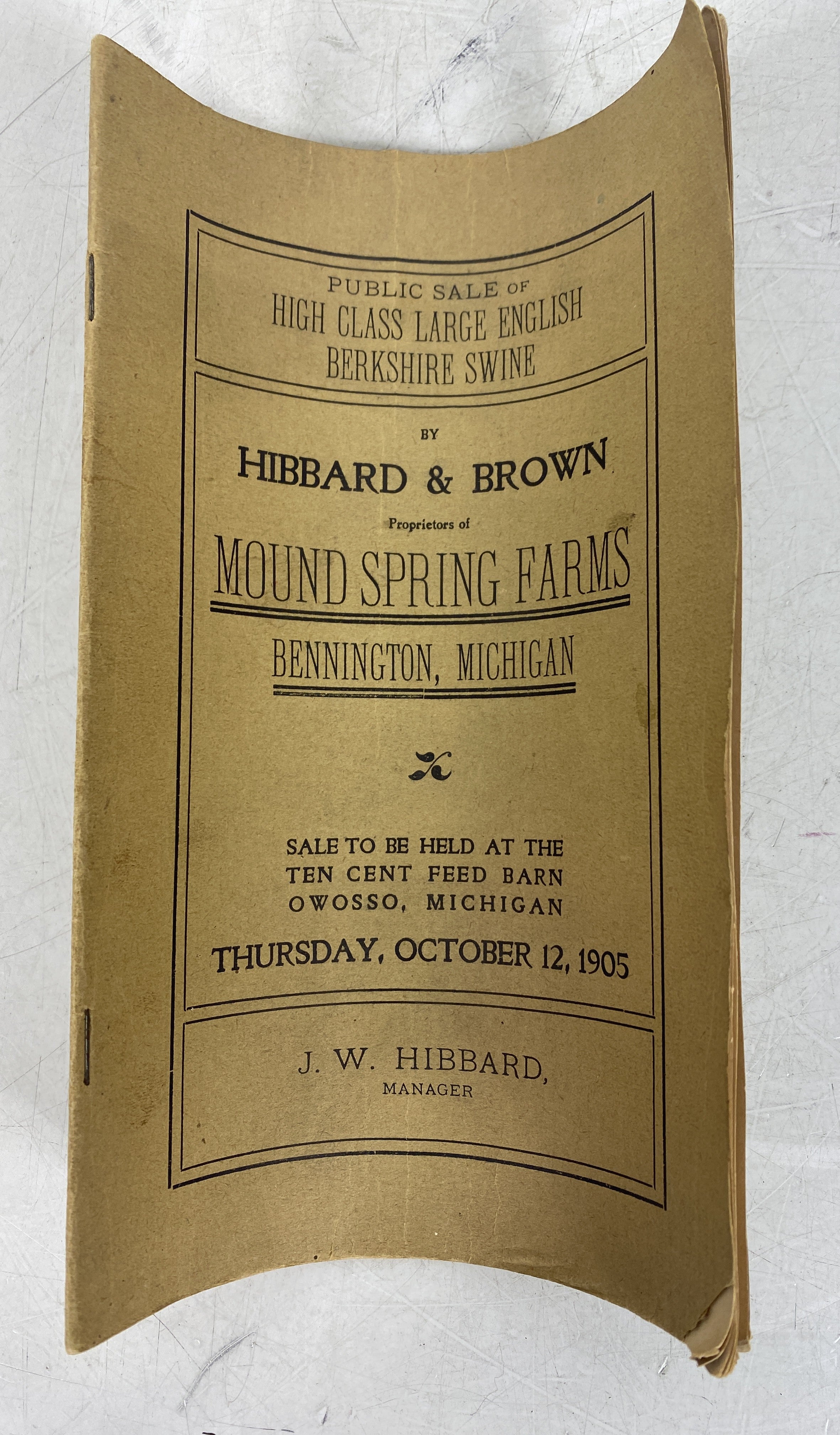 Vintage Public Swine Sale Booklet 1905 Bennington, Michigan