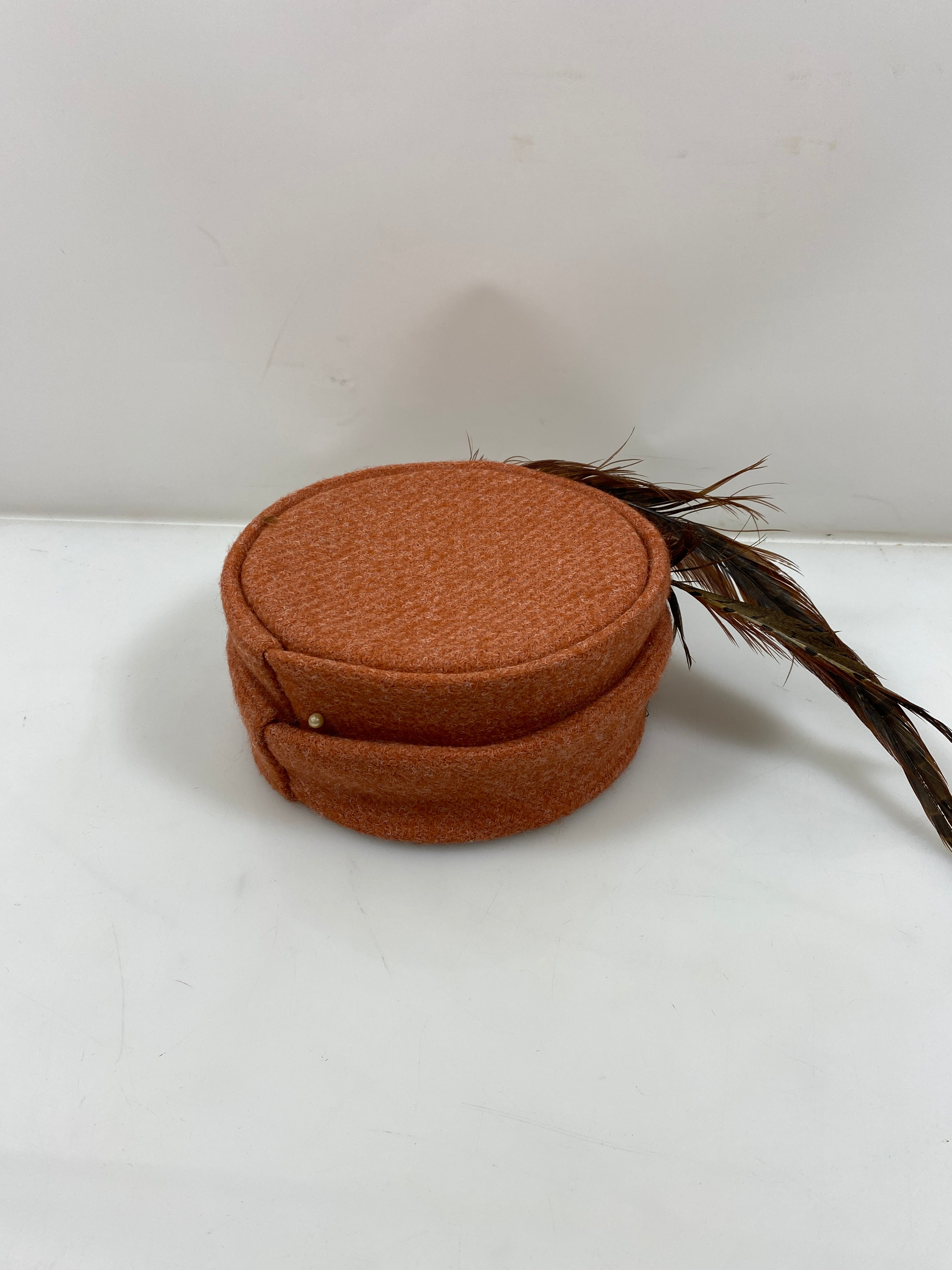 Vintage Red Pill Box Hat with Pheasant Feather