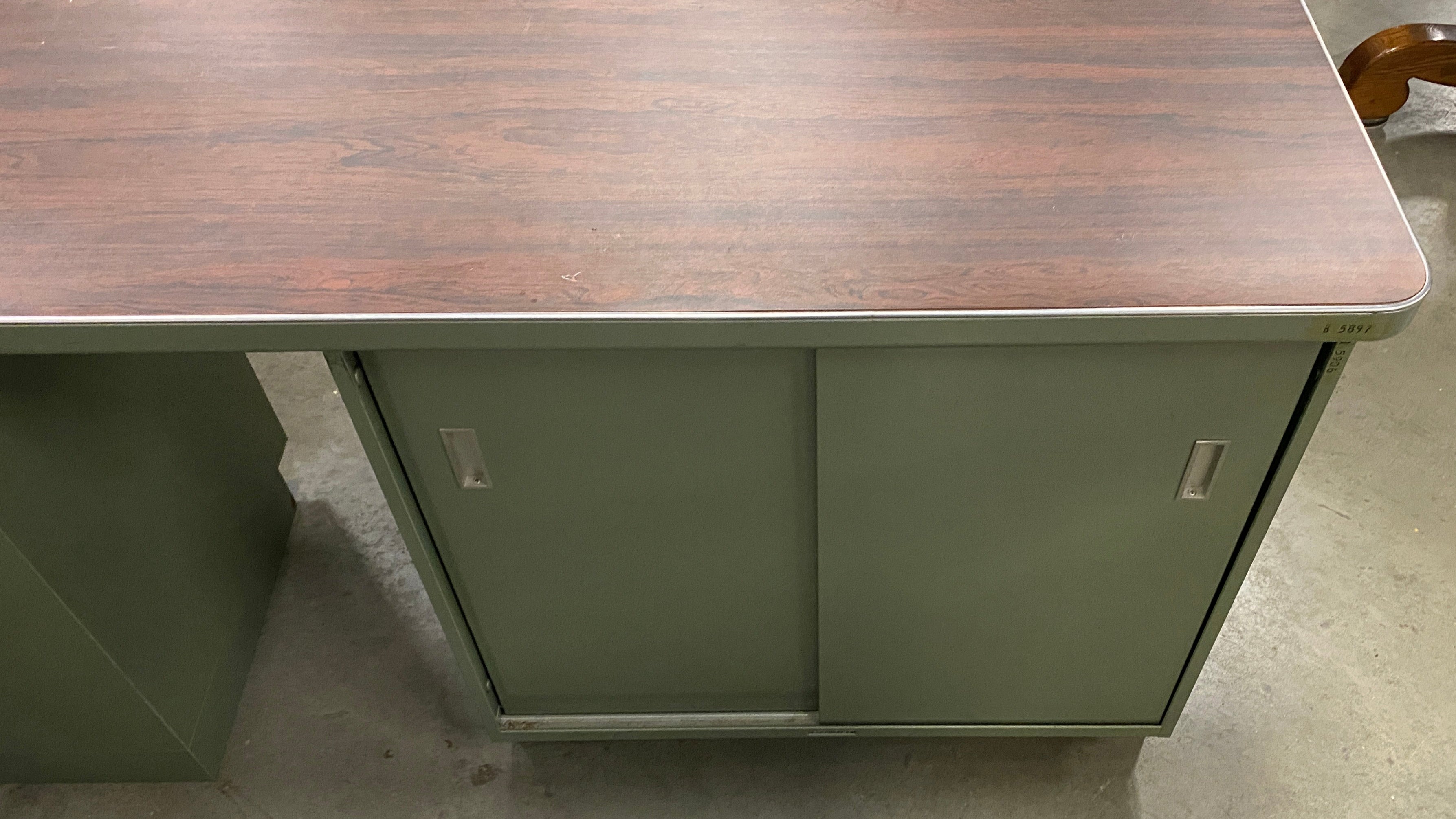 Vintage Steelcase Swamp Green Colored Wood Laminate Tanker Desk