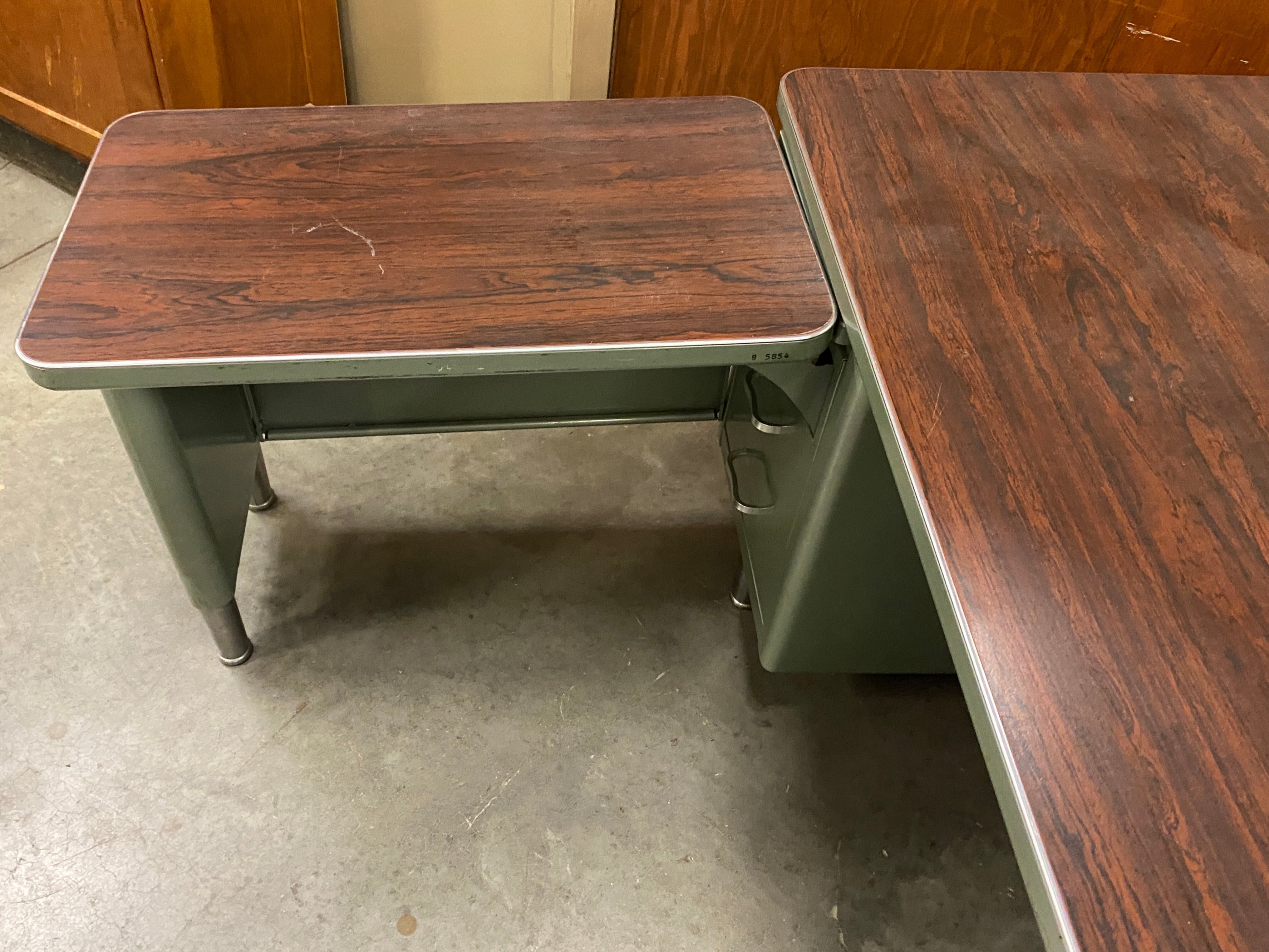 Vintage Steelcase Swamp Green Colored Wood Laminate Tanker Desk
