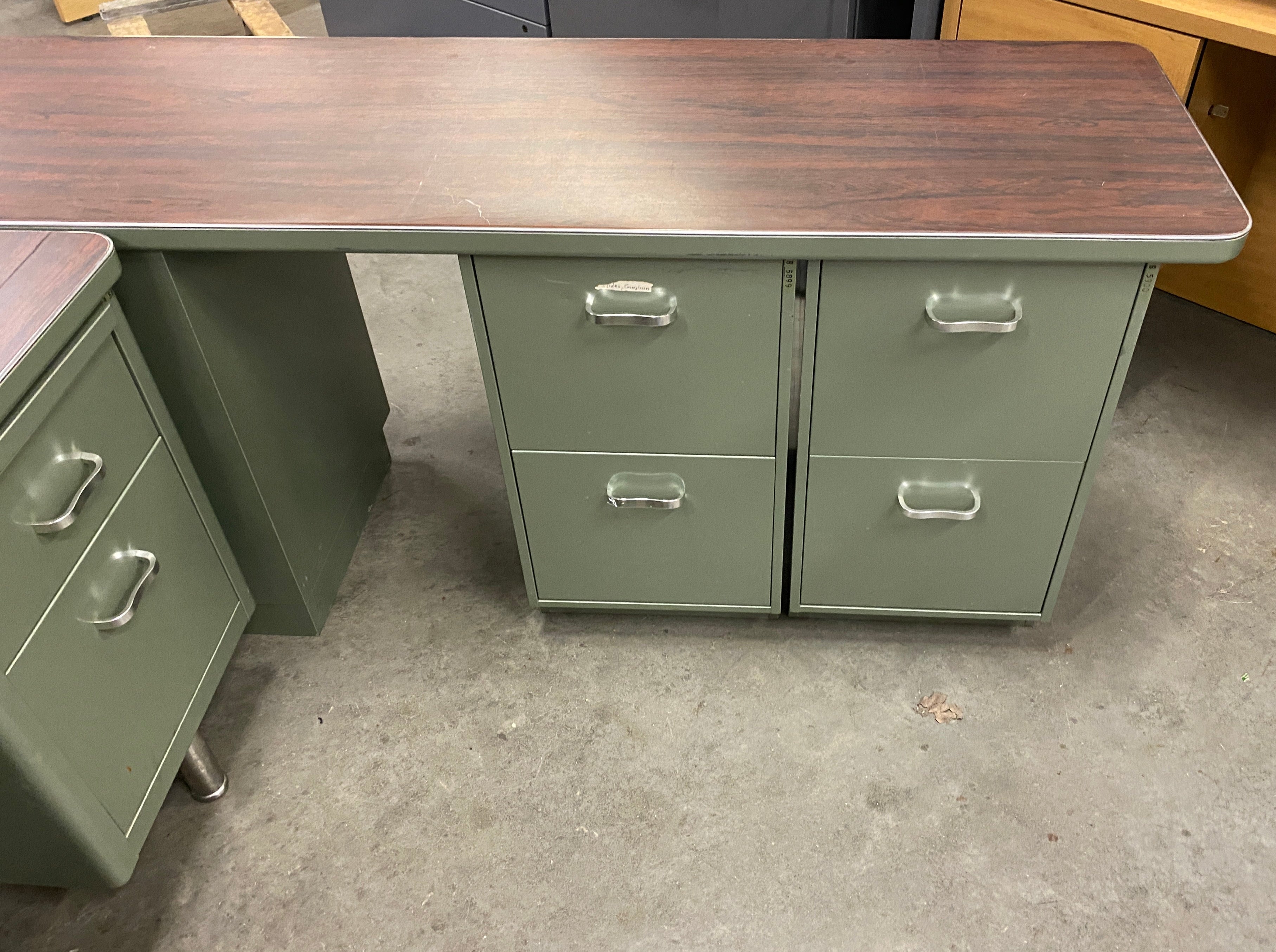 Vintage Steelcase Swamp Green Colored Wood Laminate Tanker Desk