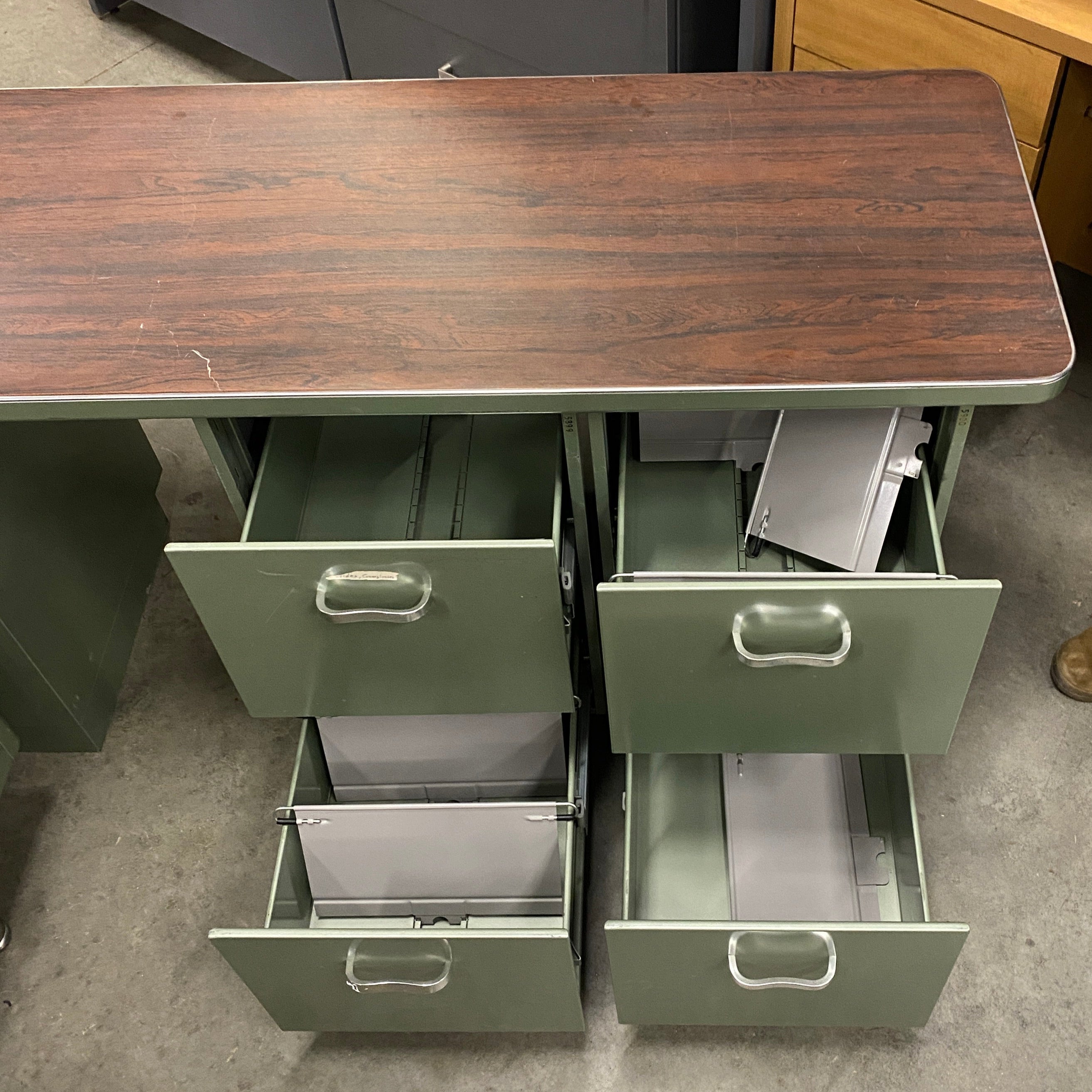 Vintage Steelcase Swamp Green Colored Wood Laminate Tanker Desk