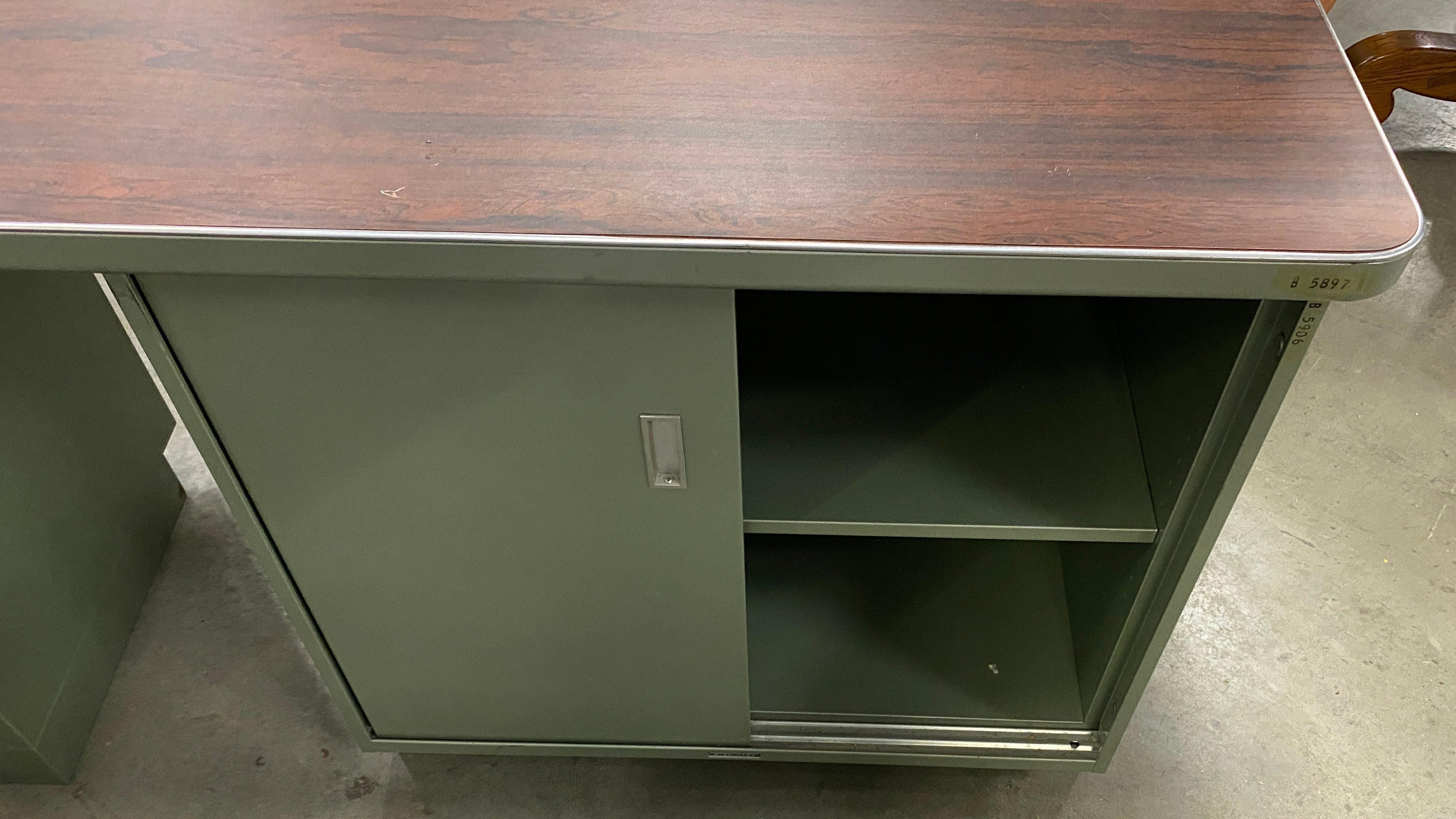 Vintage Steelcase Swamp Green Colored Wood Laminate Tanker Desk