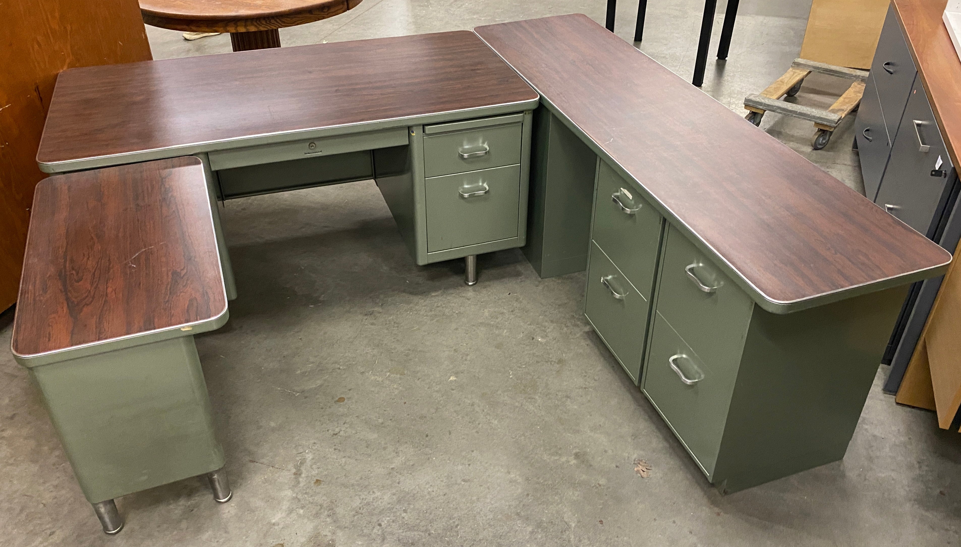 Vintage Steelcase Swamp Green Colored Wood Laminate Tanker Desk
