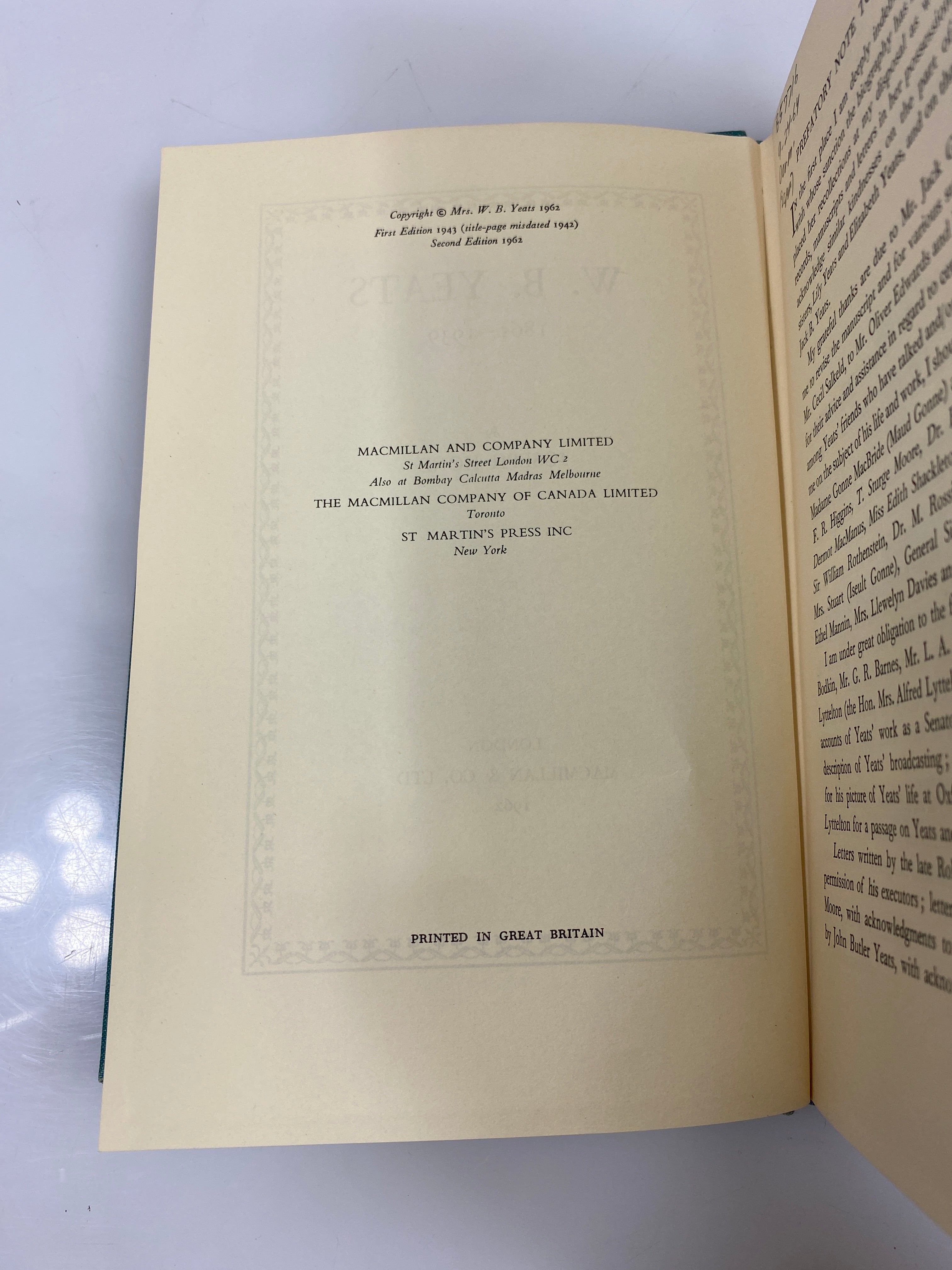 W.B. Yeats 1865-1939 by Hone Ex-library 1962 HC