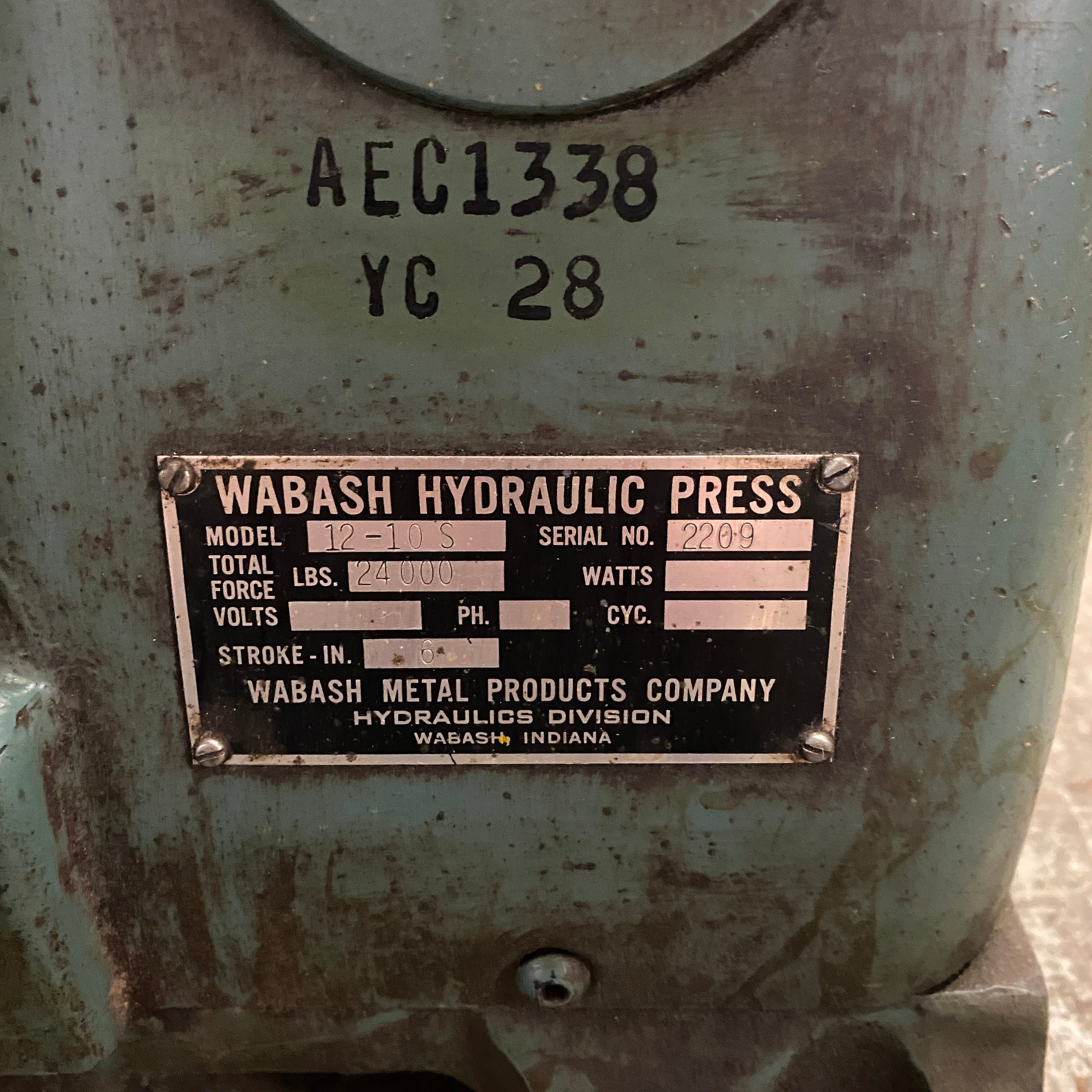 Wabash Metal Products Company #12-10S Hydraulic Press Bolted on Cabinet
