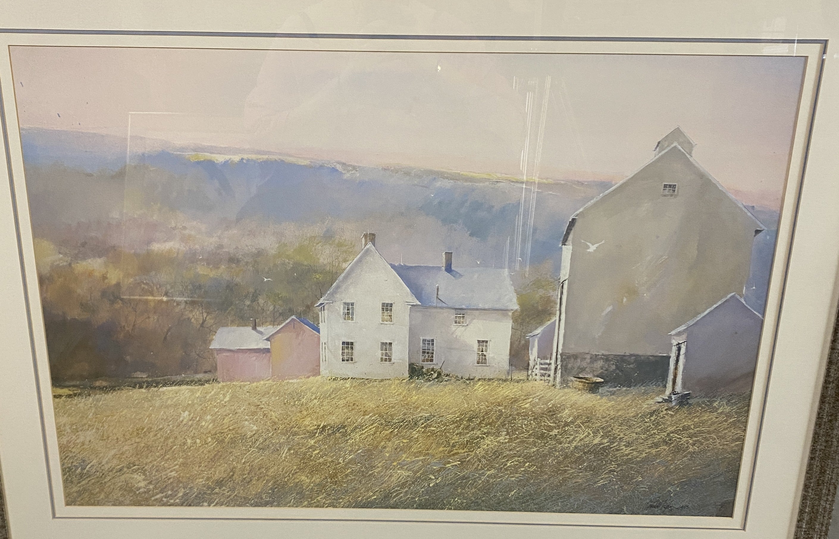 Watercolor Painting of a Farm House and Barn