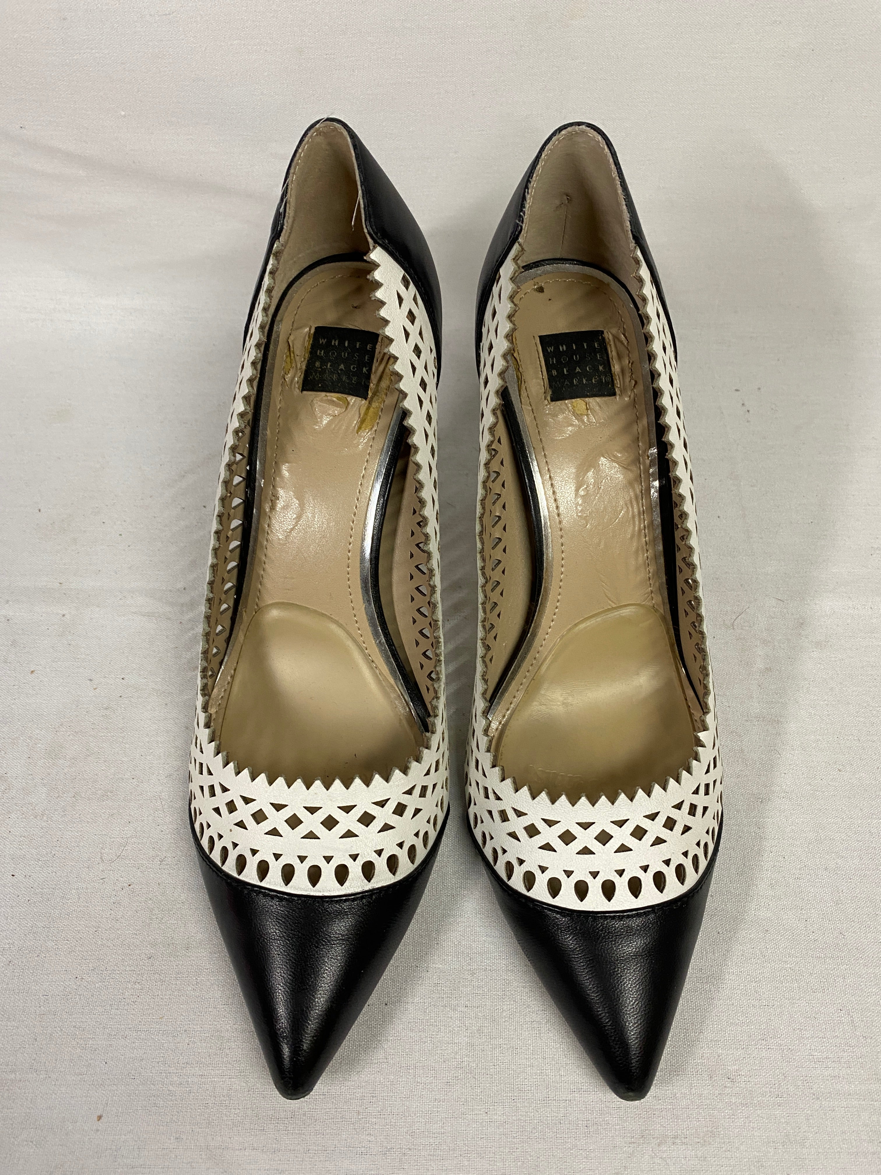 White House Black Market Arianna Laser Cut Black and White Pointed Toe Stiletto Pumps Women's Size 10