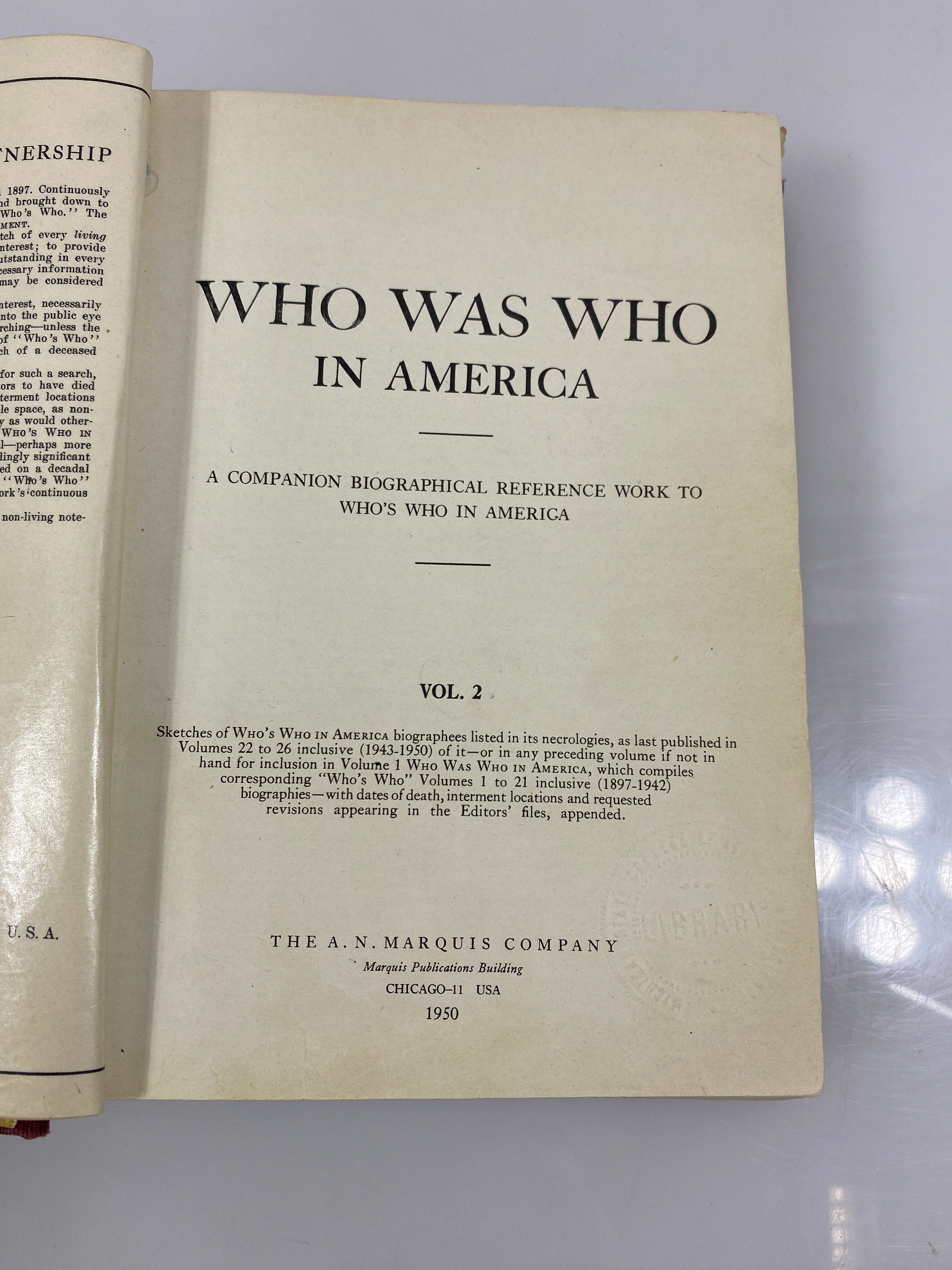 Who Was Who in America Vol. 2 Ex-library 1950 HC