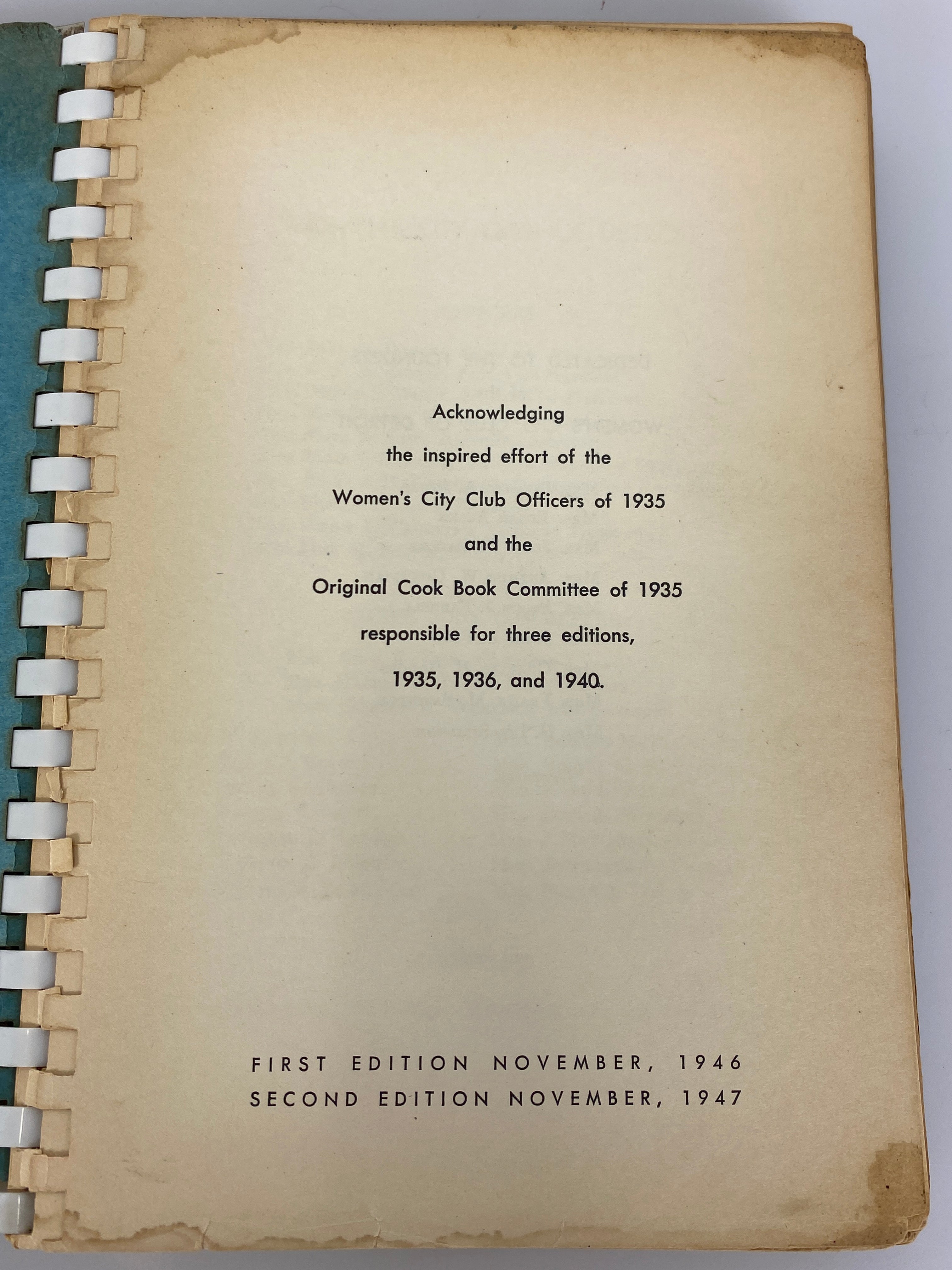 Women's City Club of Detroit Recipe Book 1947 2nd Edition Spiral Bound