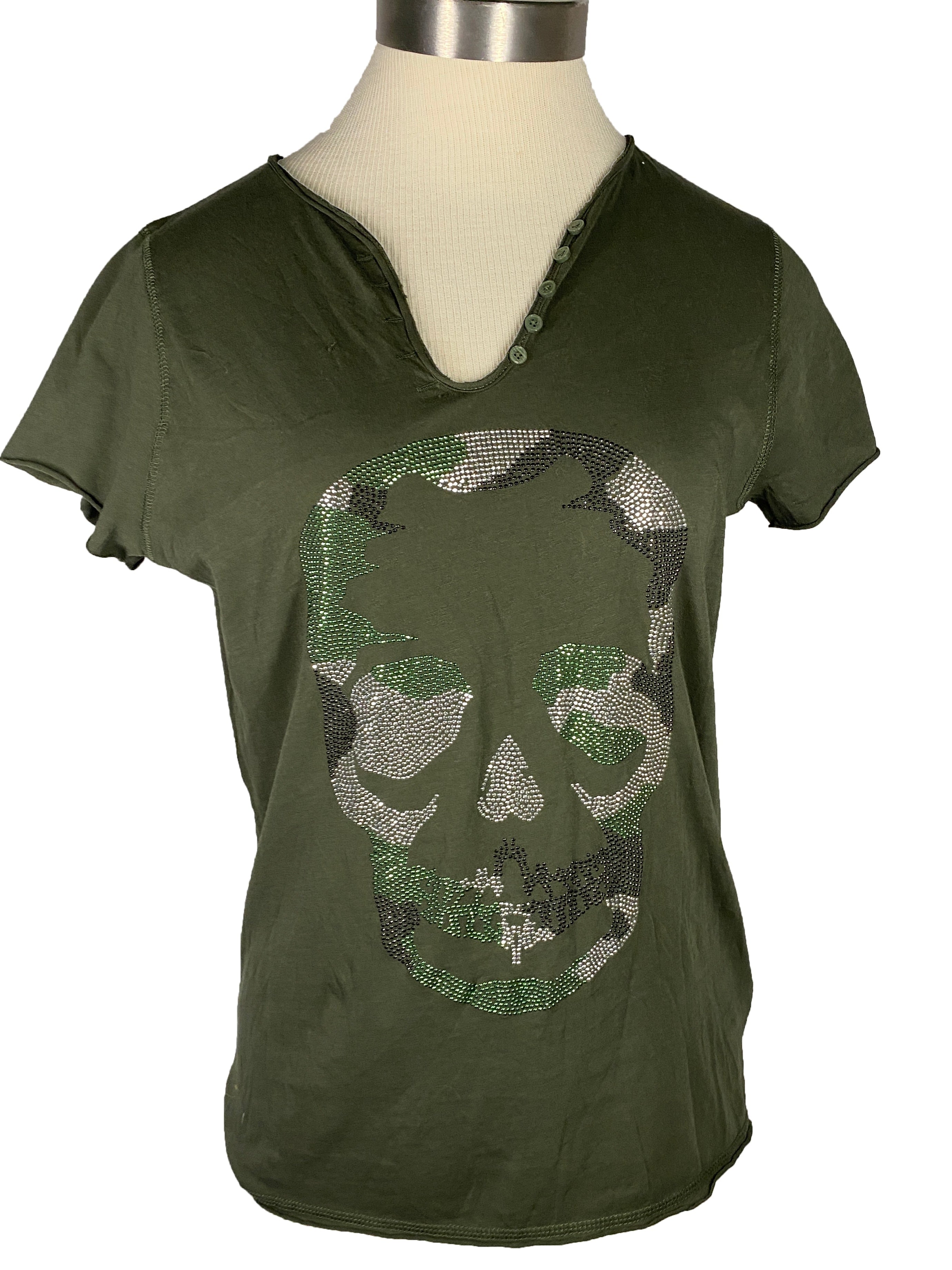 Zadig & Voltaire Dark Green Camouflage Beaded Skull Bouse Women's Size M