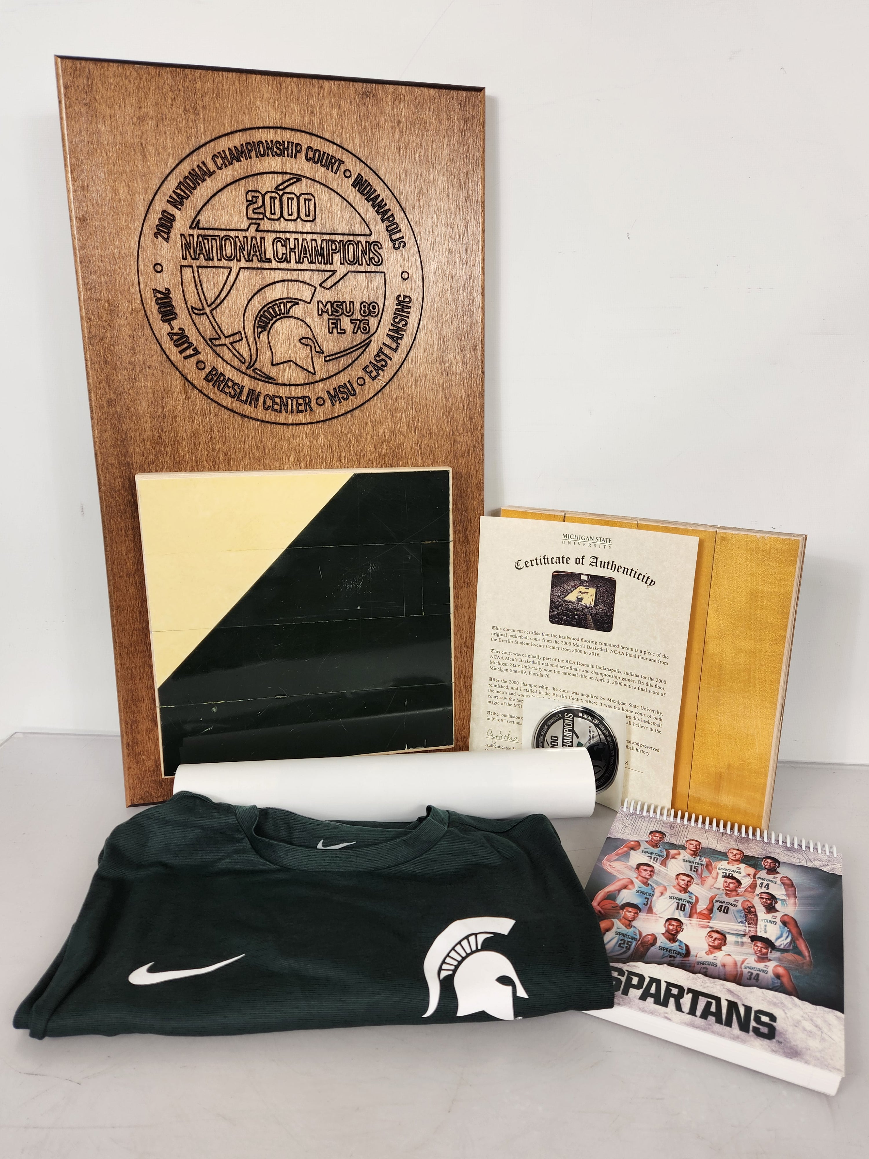 Bundle #49 Basketball Championship Floor Plaque with Men's Long Sleeve T-Shirt Size Small and 2019-2020 Basketball Notebook and 2018-2019 Men's Basketball Team Poster