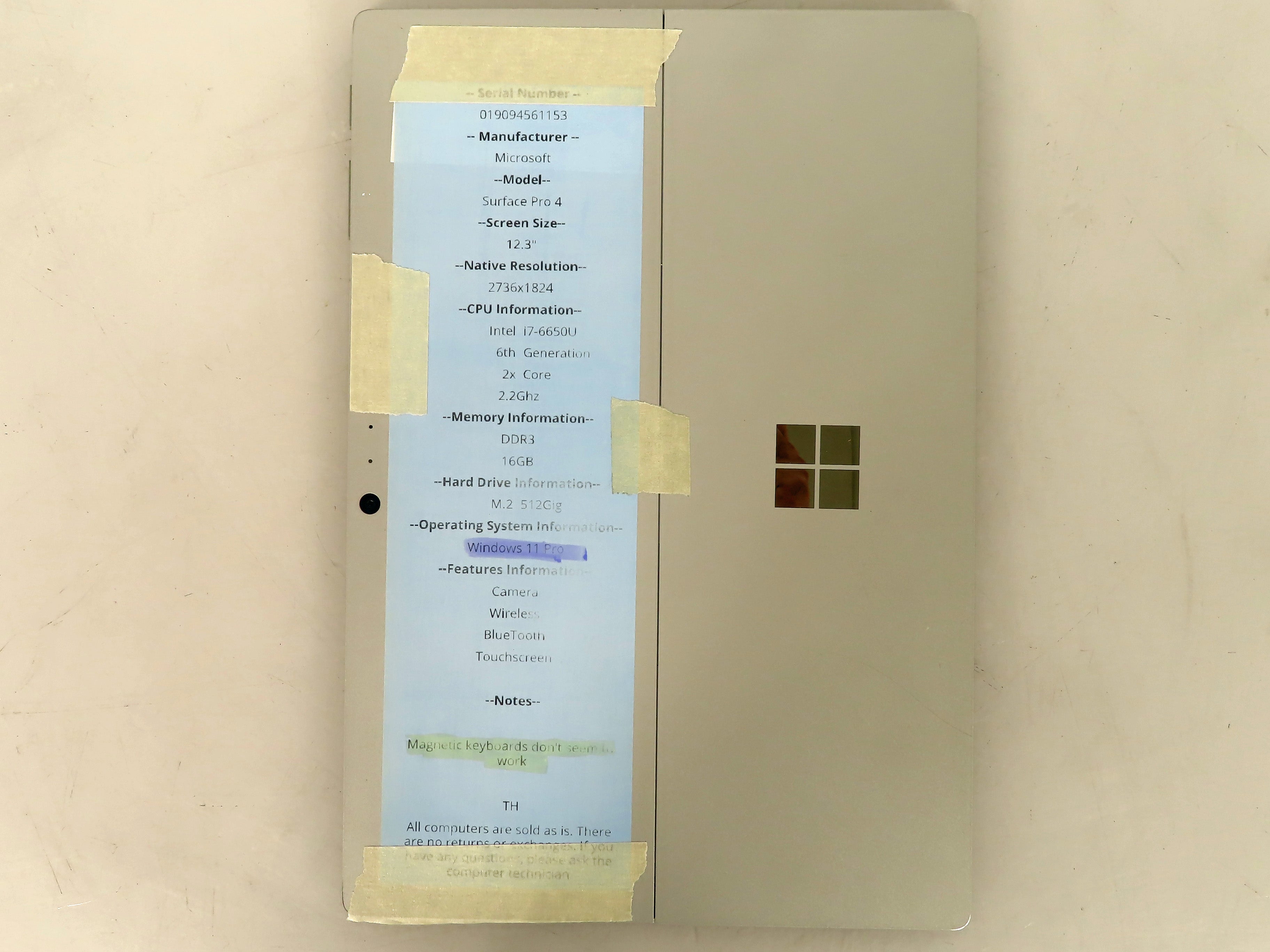 Microsoft Surface Pro 4 i5 8GB 256GB Windows 11 *Magnetic Keyboard Not Working*