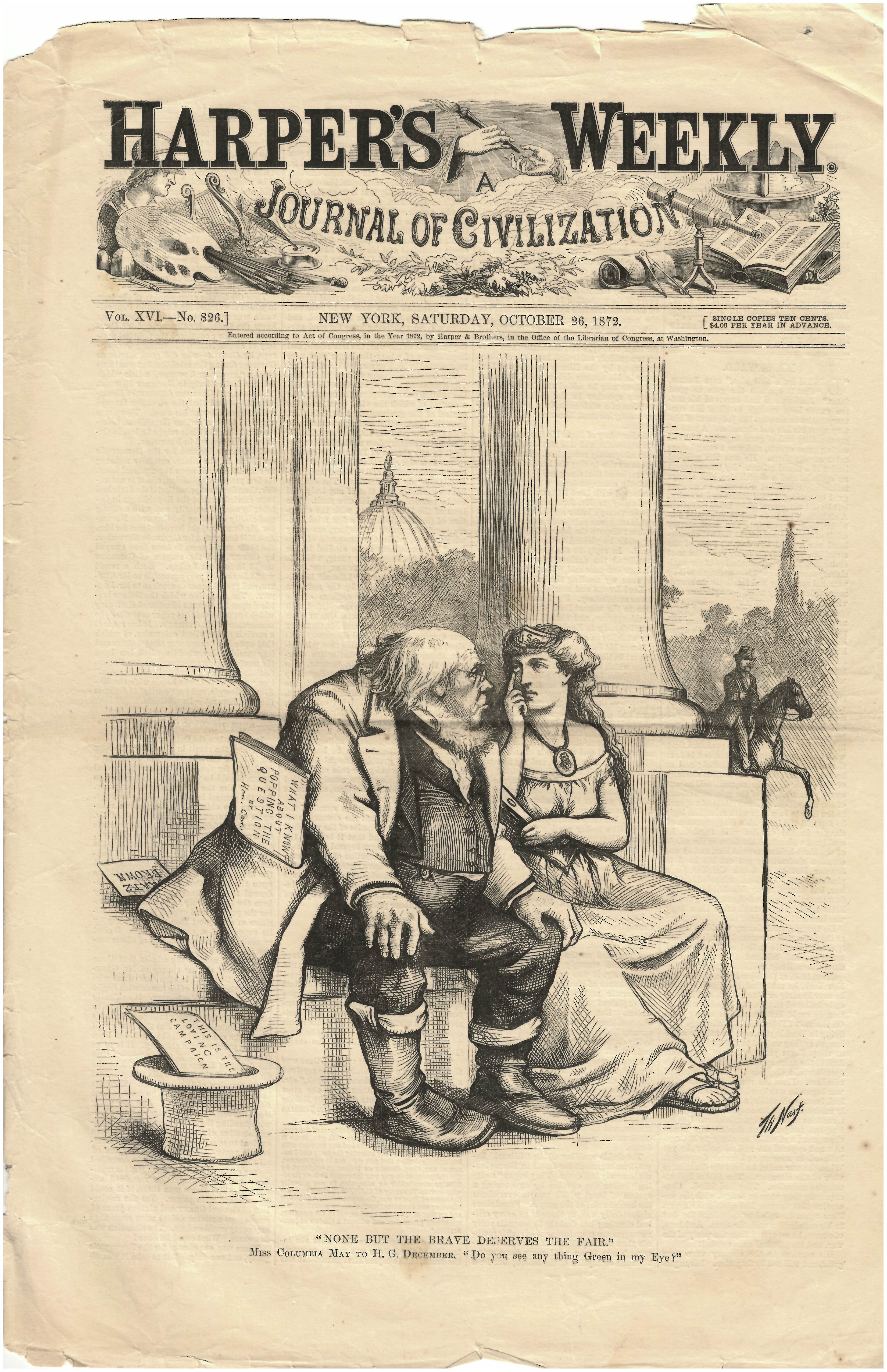 Harper's Weekly October 26, 1872 "None But The Brave Deserves The Fair" Cover Page Ad Print
