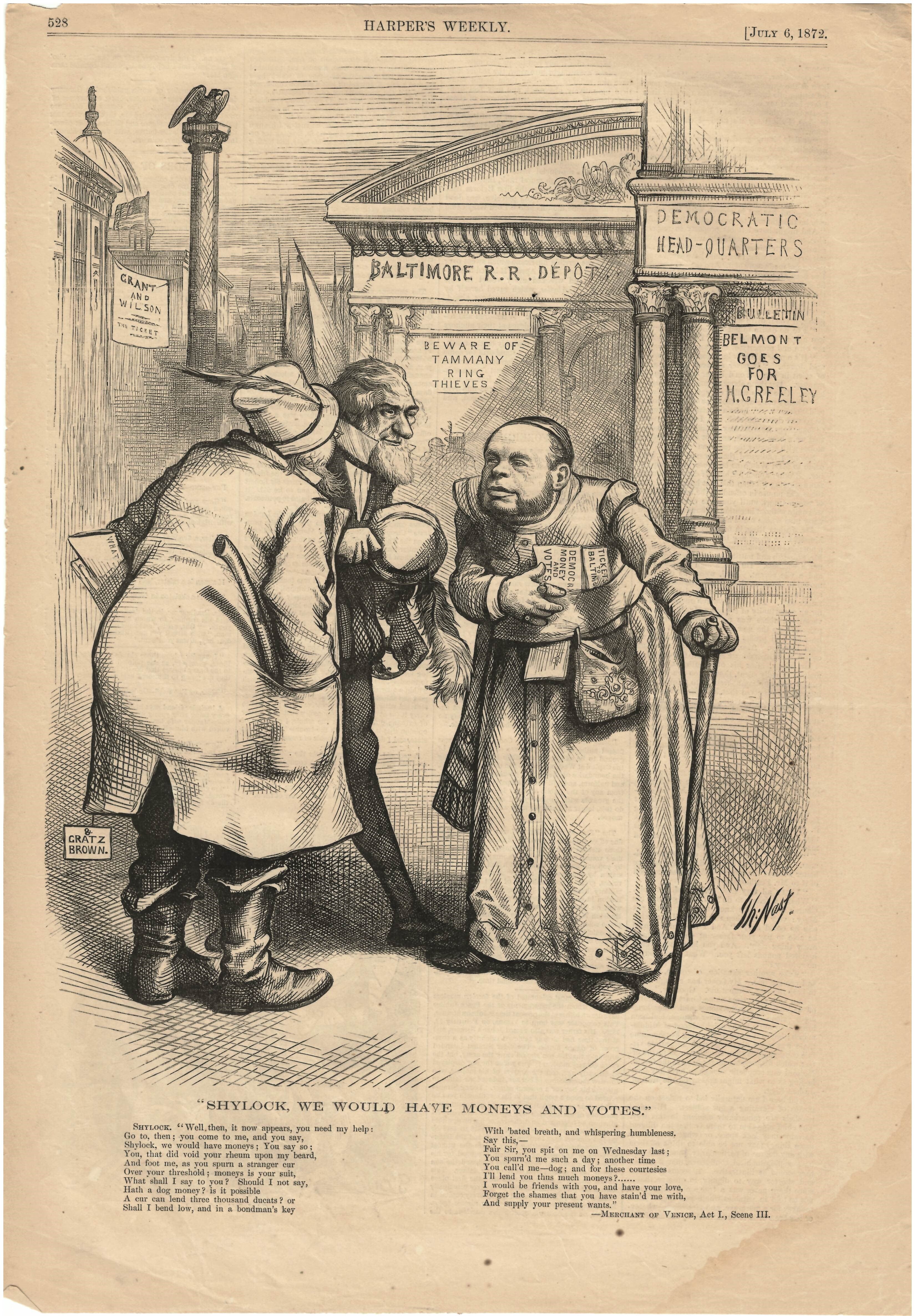 Harper's Weekly July 6, 1872 "Shylock, We Would Have Moneys And Votes" Ad Print