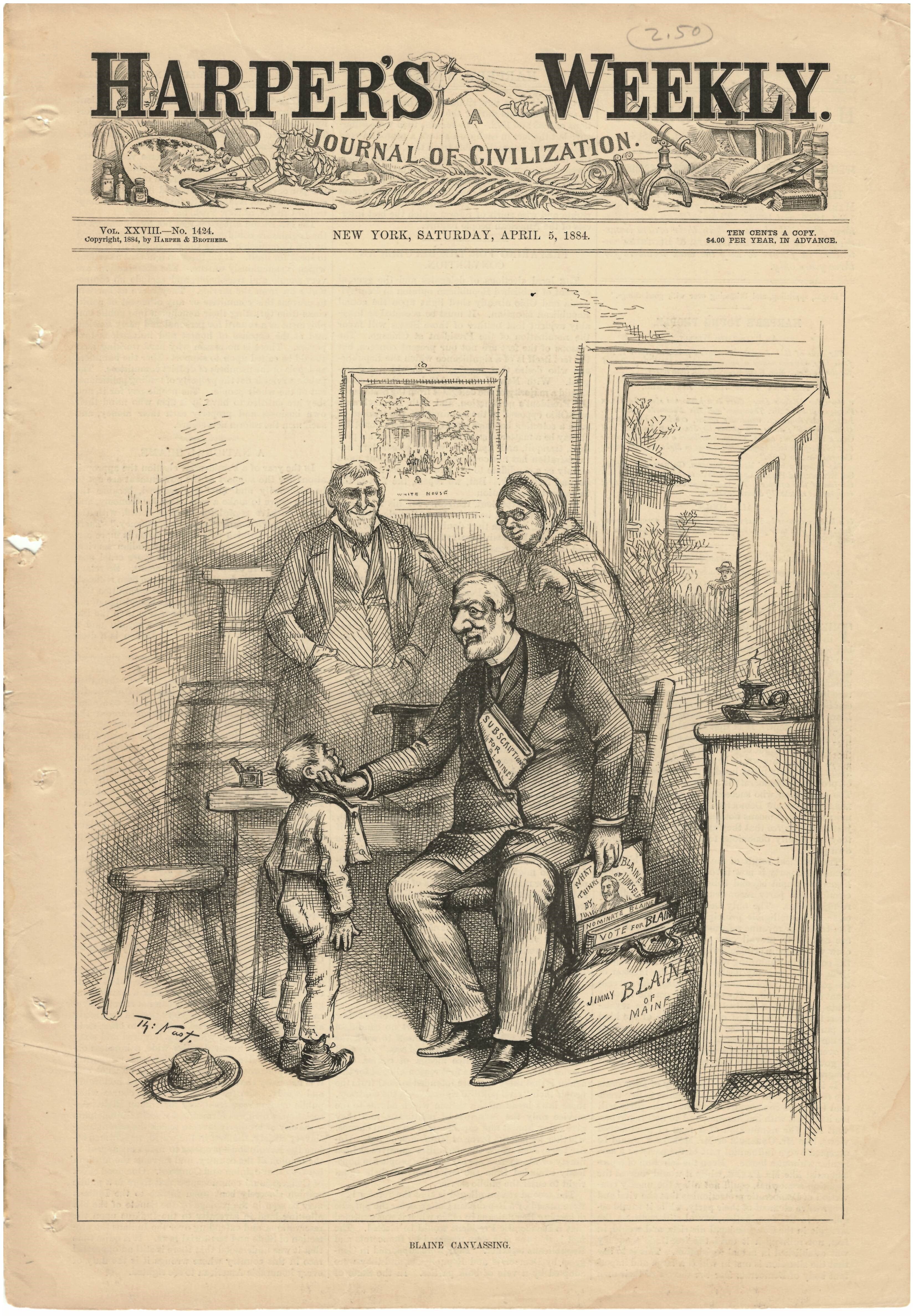 Harper's Weekly April 5, 1884 Blaine Canvassing Cover Page Ad Print