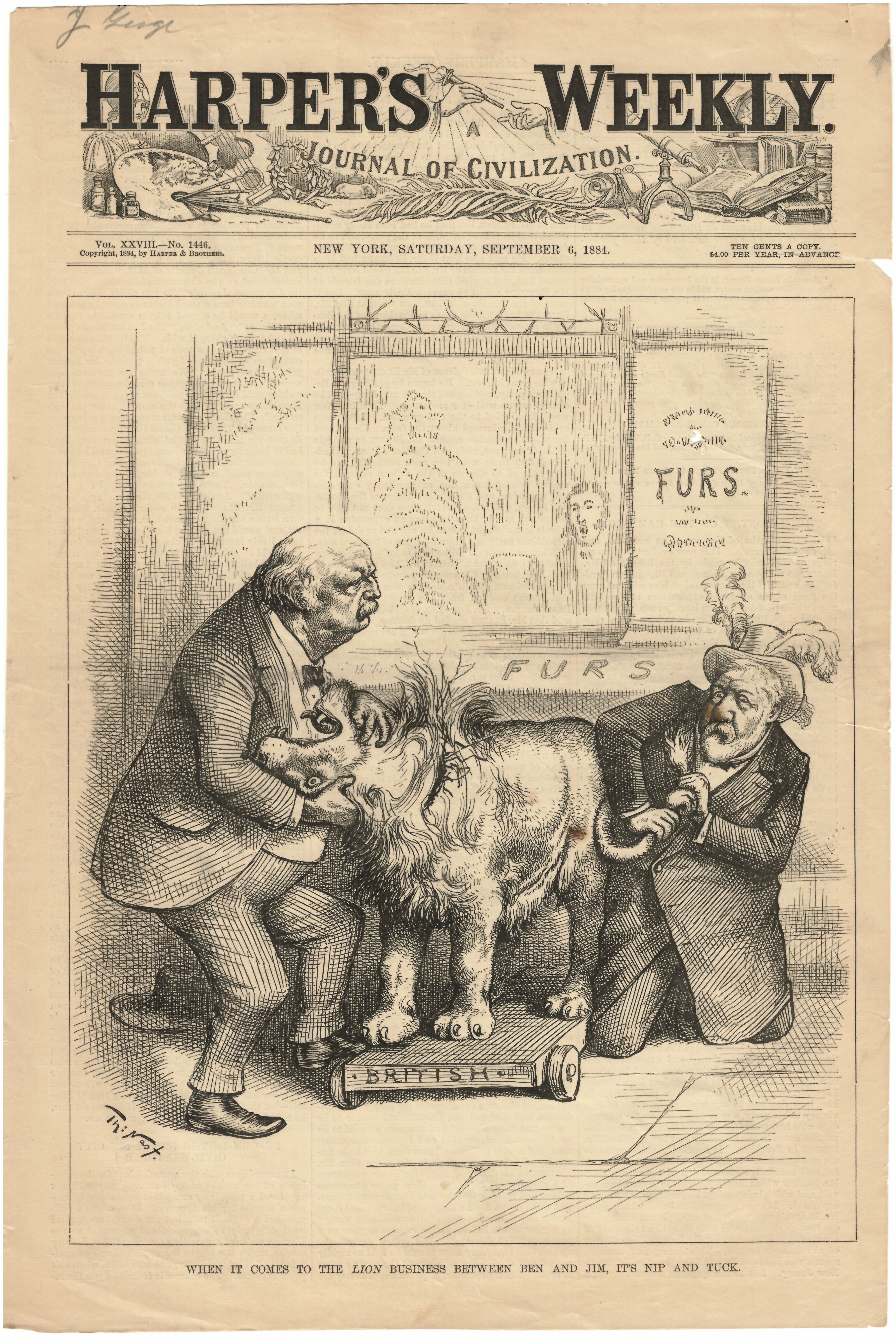 Harper's Weekly September 6, 1884 When It Comes To Lion Business Between Ben And Jim, It's Best To Nip And Tuck Cover Page Ad Print