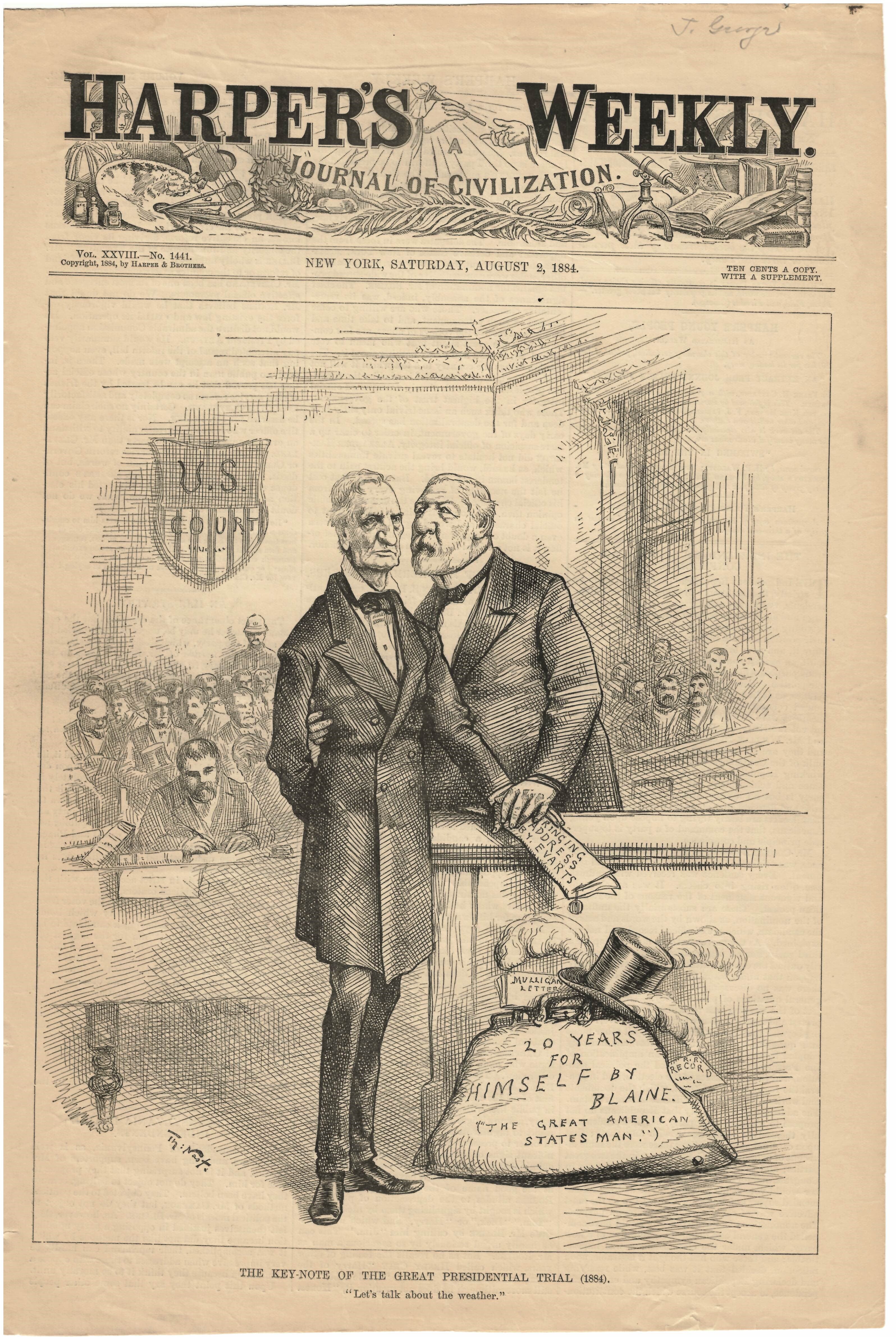 Harper's Weekly August 2, 1884 The Key-Note Of The Great Presidential Trial Cover Page Ad Print