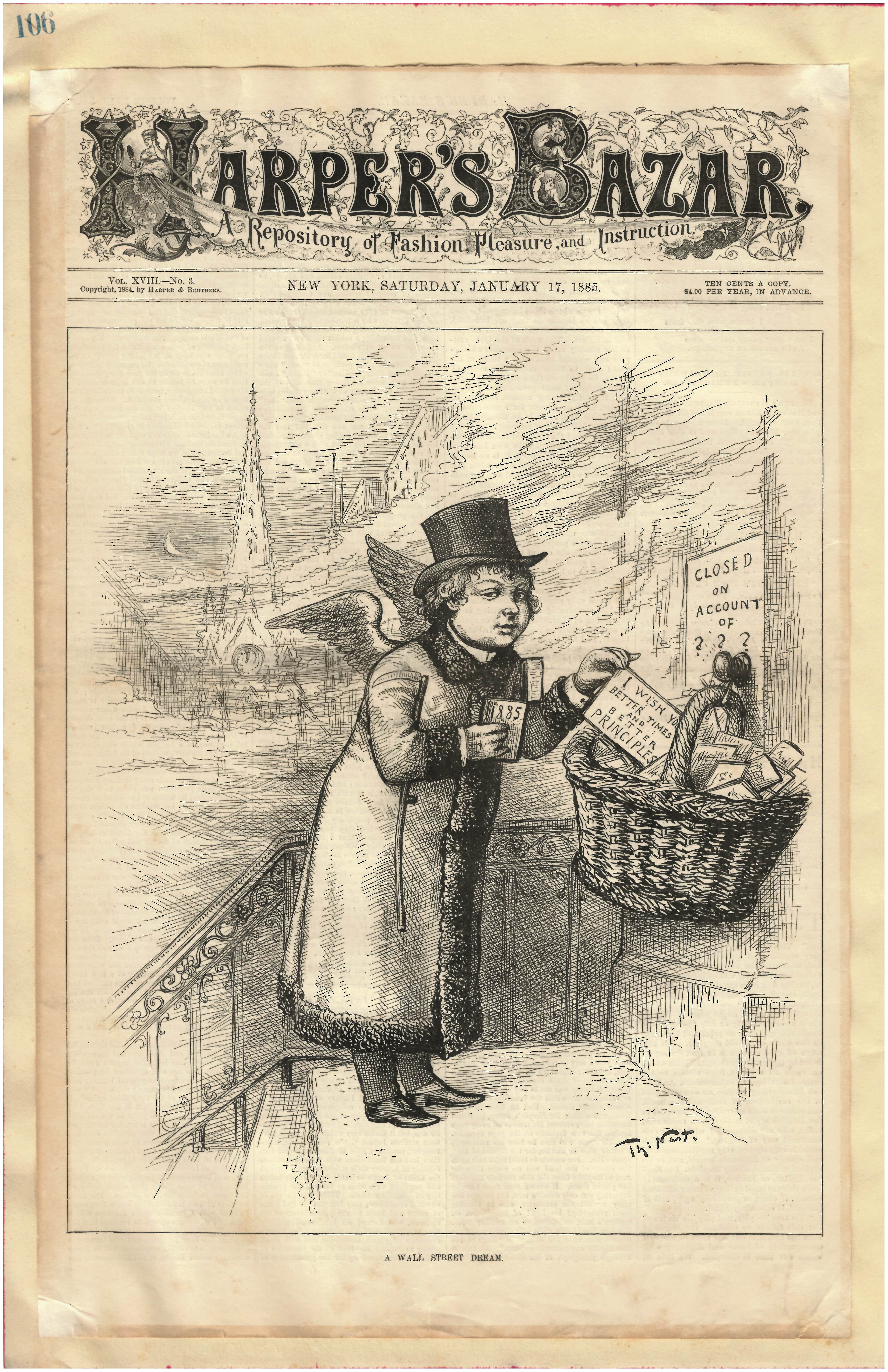 Harper's Bazar: "A Wall Street Dream" by Thomas Nast Cover Page Ad Print/ "Paterson and Passaic Falls" by Julian Rix Ad Print