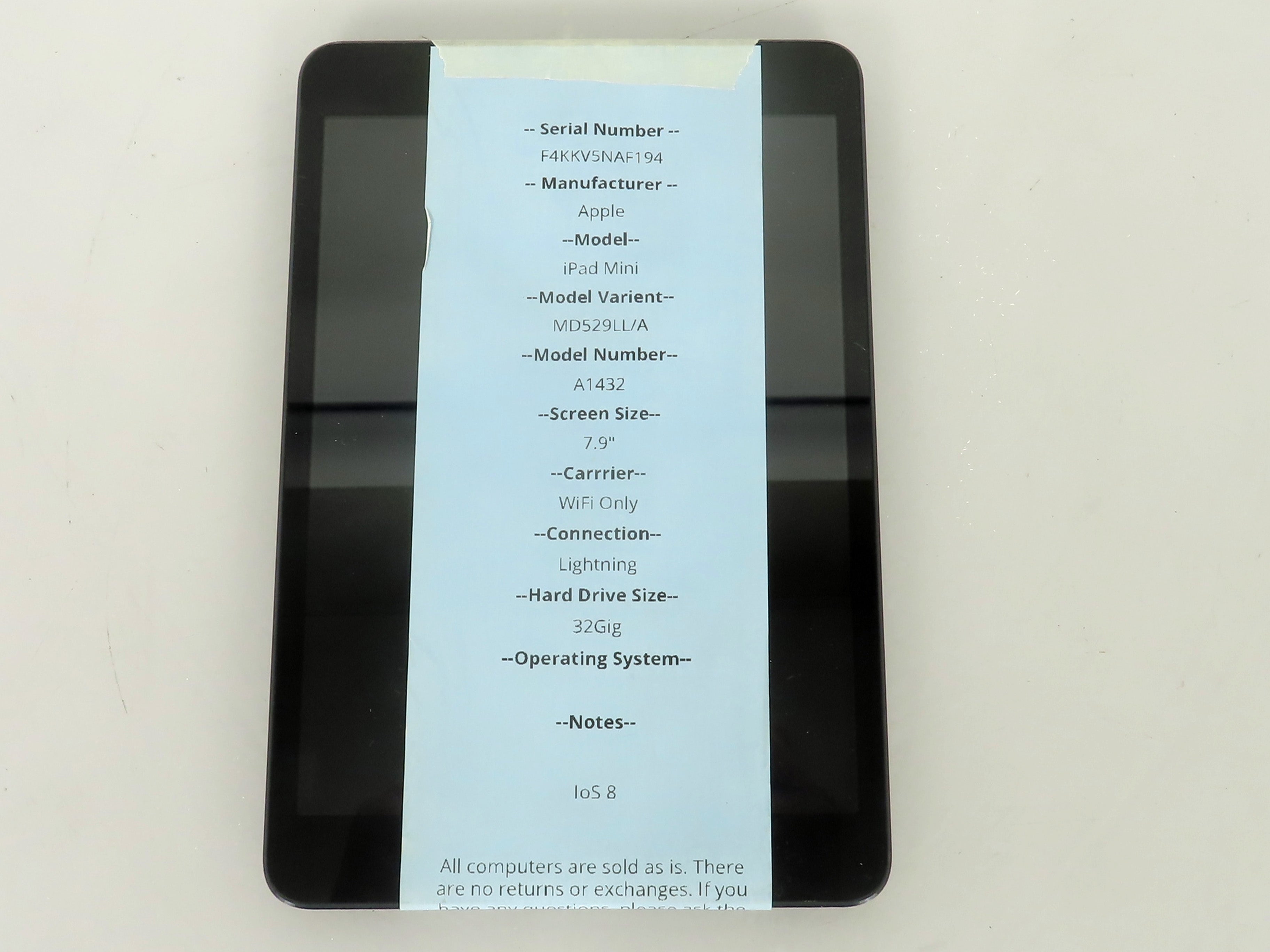 Apple iPad Mini 32GB 7.9" WiFi Only Black A1432 *White Spot on Screen*